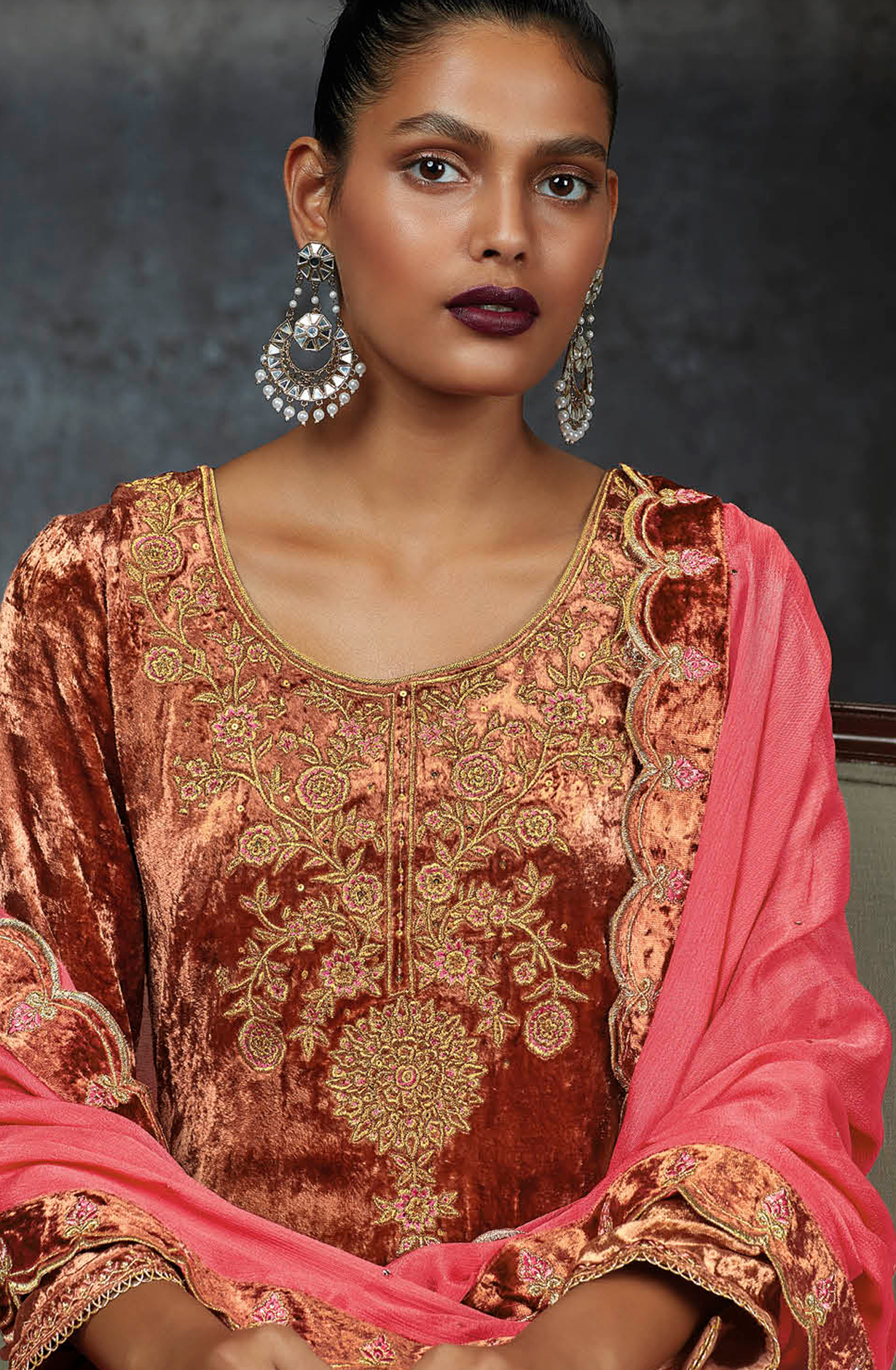 Rust Pure Velvet Designer Unstitched Salwar Suit - LUNC1197