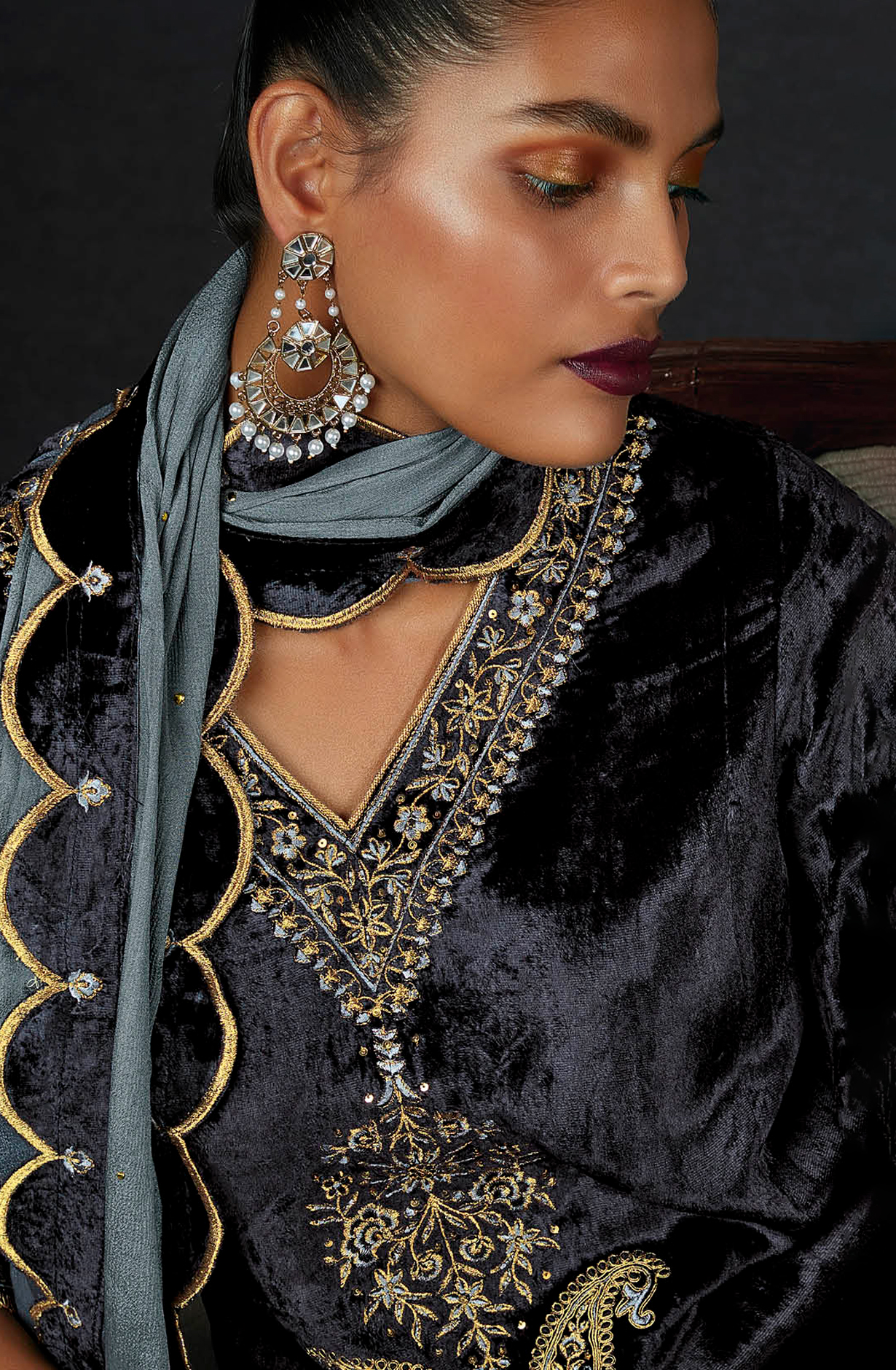 Black Pure Velvet Designer Unstitched Salwar Suit - LUNC1198