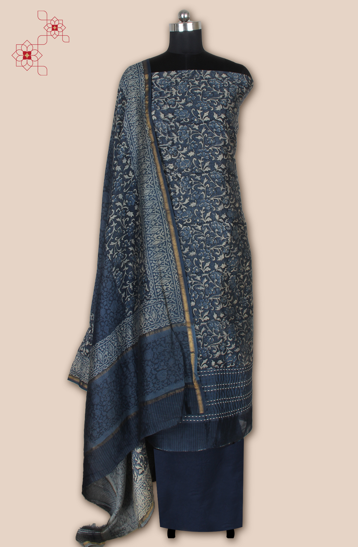 Blue Chanderi Digital Printed with Kantha Work Salwar Suit - LV-US3715-1A