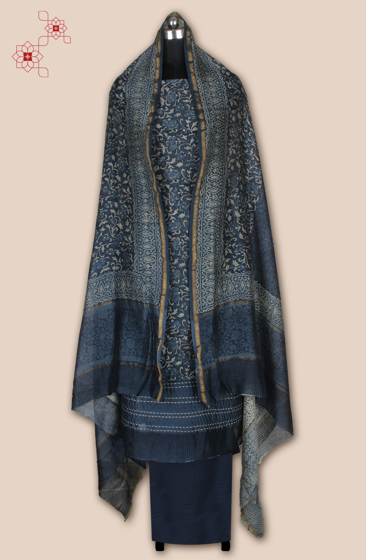 Blue Chanderi Digital Printed with Kantha Work Salwar Suit - LV-US3715-1A