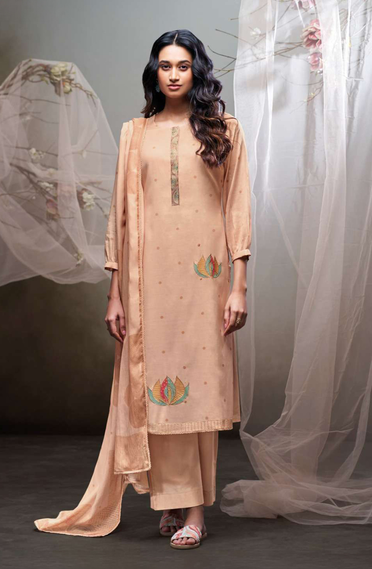 Peach Premium Mul Unstitched Suit Set with Dupatta - LYN4437B