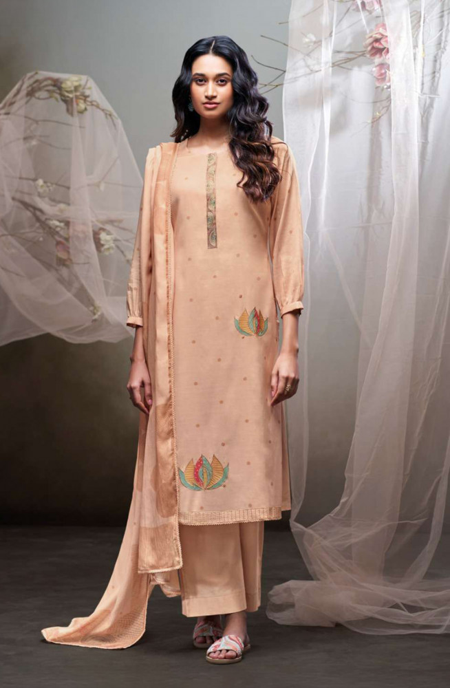 Image of Peach Premium Mul Unstitched Suit Set with Dupatta - LYN4437B