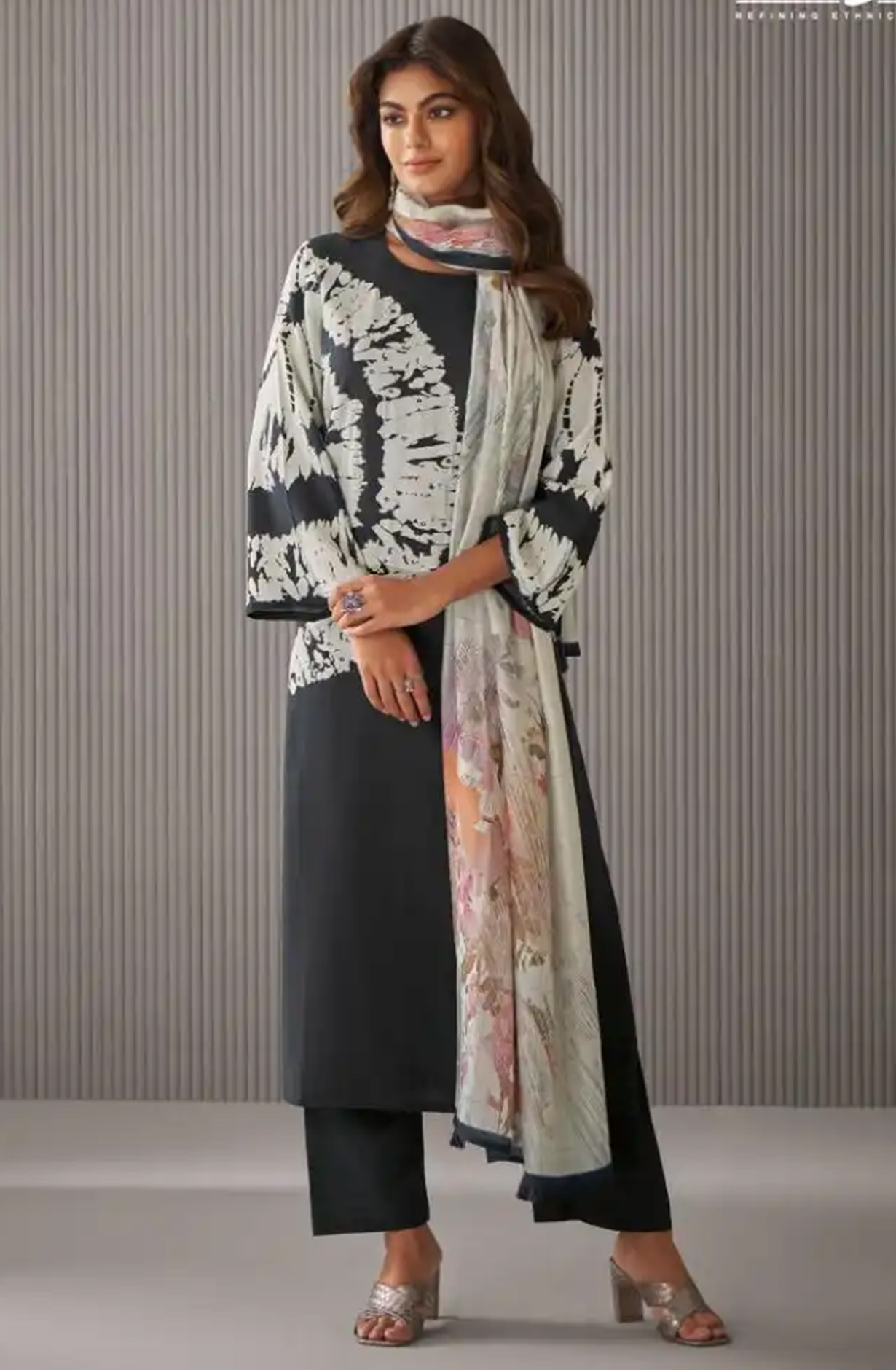Black Linen Beautiful Digital Printed Suit - LYR7051A
