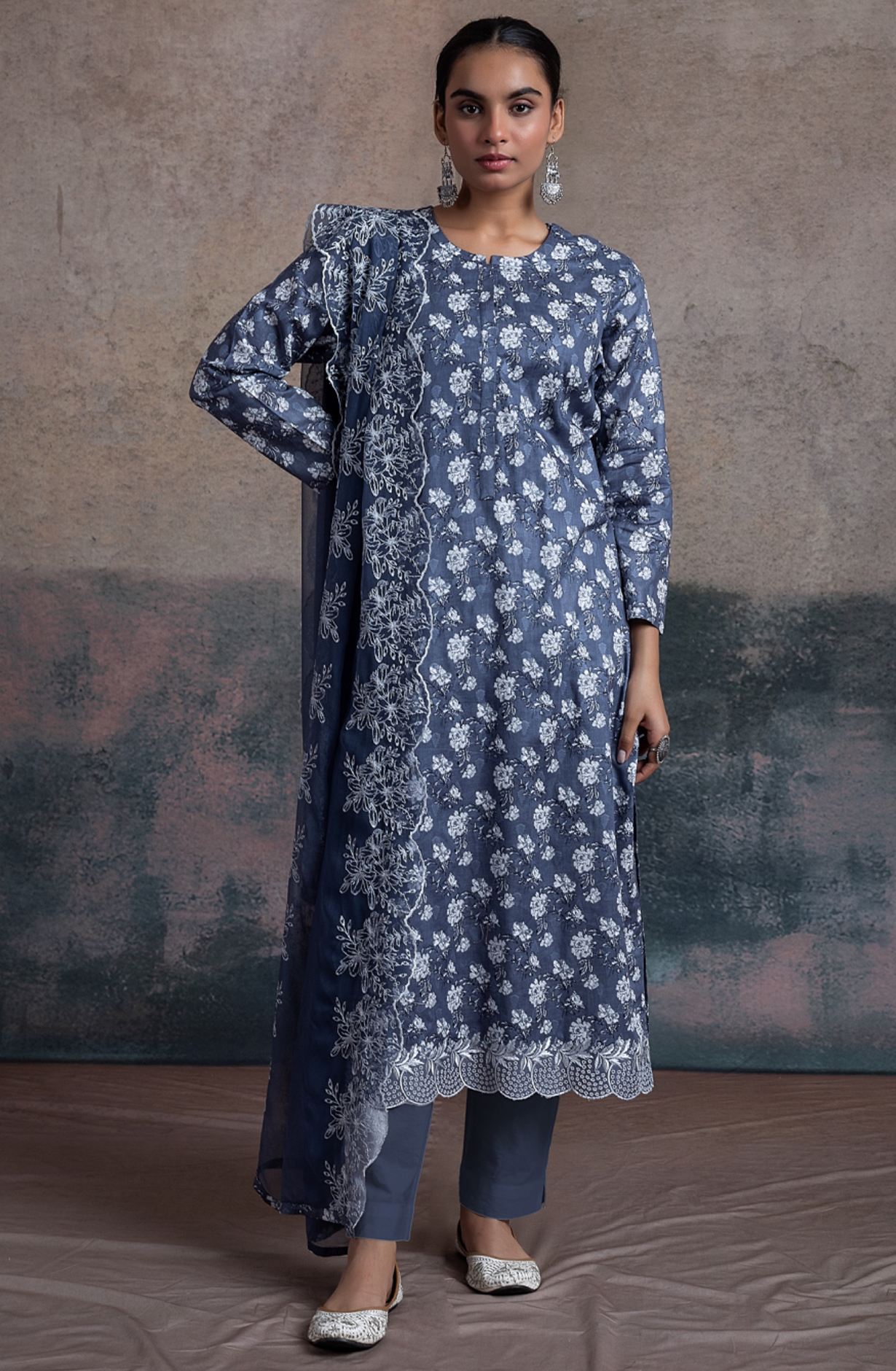 Blue Cotton Embroidered Suit with Chiffon Dupatta - MAD2499