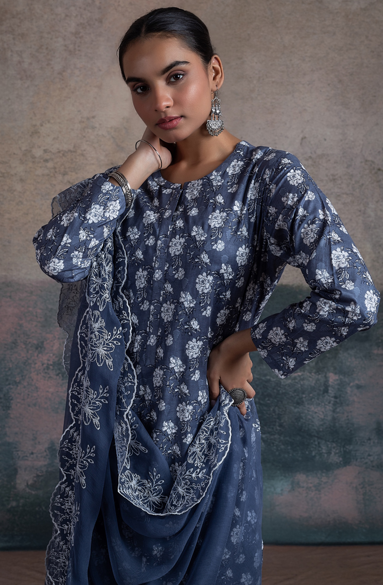 Blue Cotton Embroidered Suit with Chiffon Dupatta - MAD2499