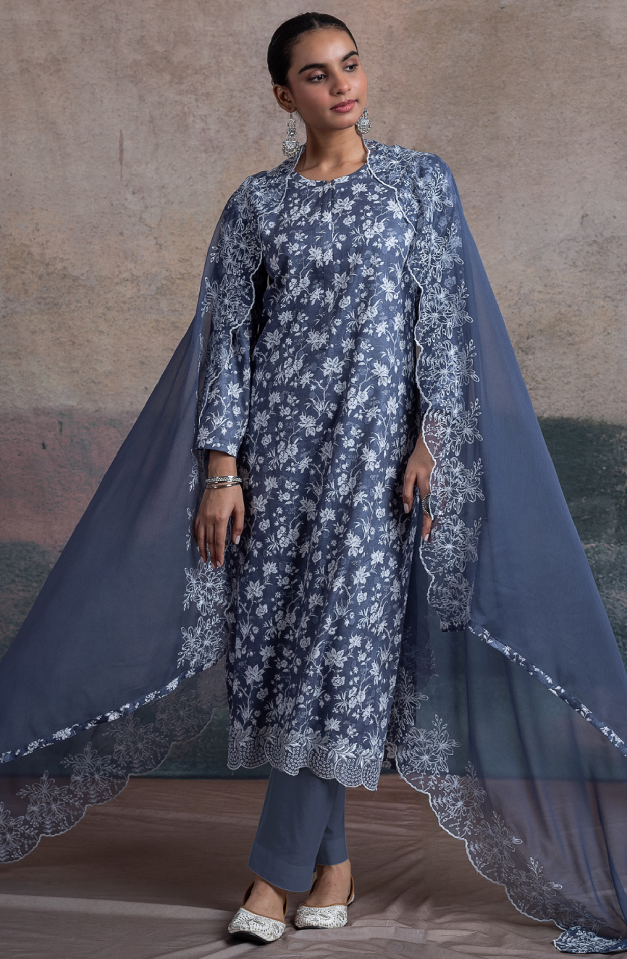 Blue Cotton Embroidered Suit with Chiffon Dupatta - MAD2500