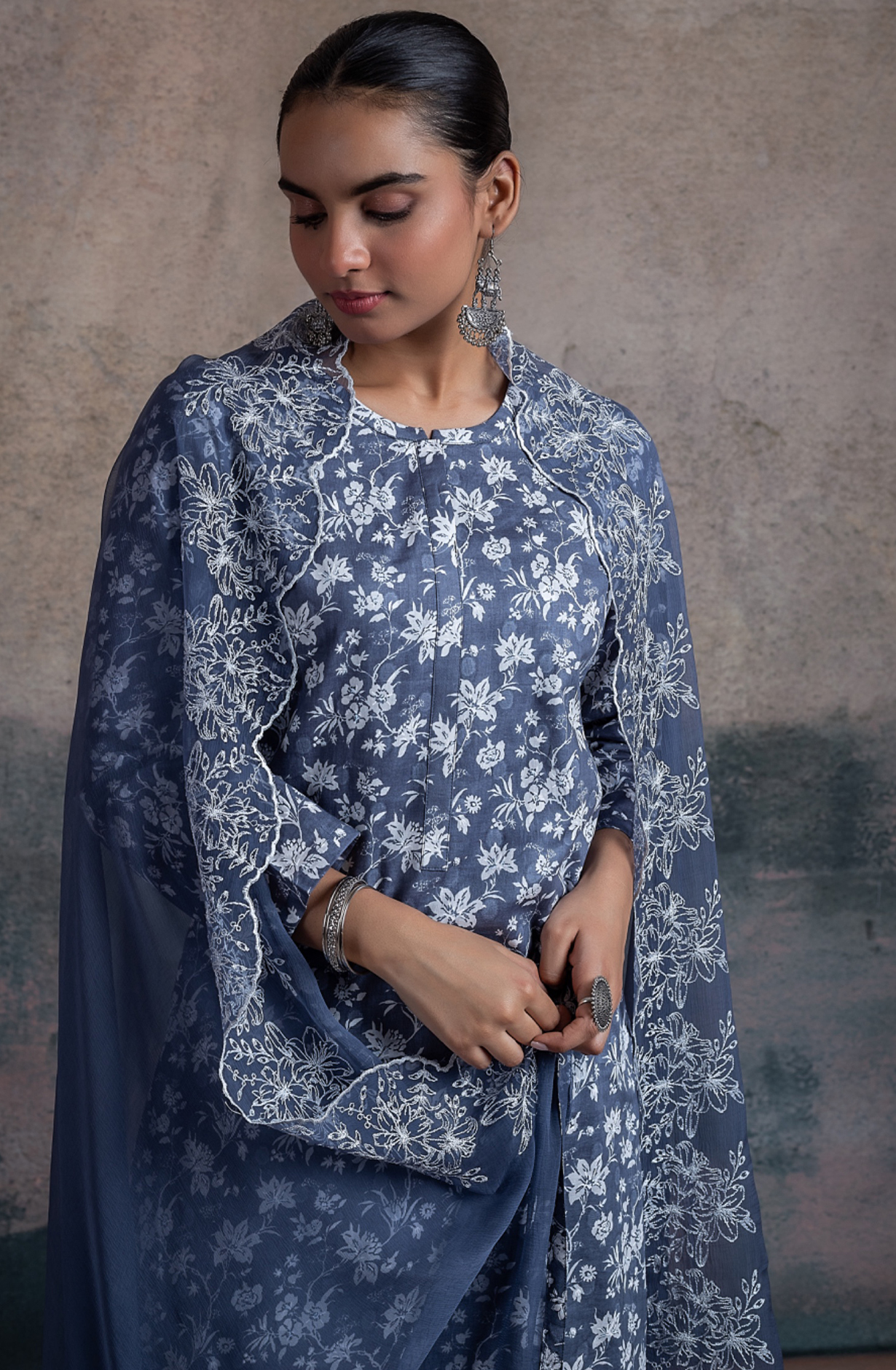 Blue Cotton Embroidered Suit with Chiffon Dupatta - MAD2500