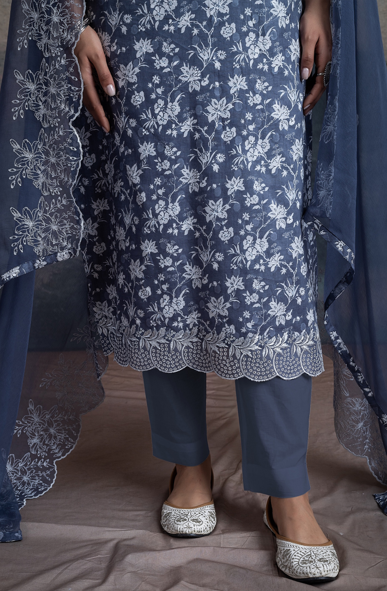 Blue Cotton Embroidered Suit with Chiffon Dupatta - MAD2500