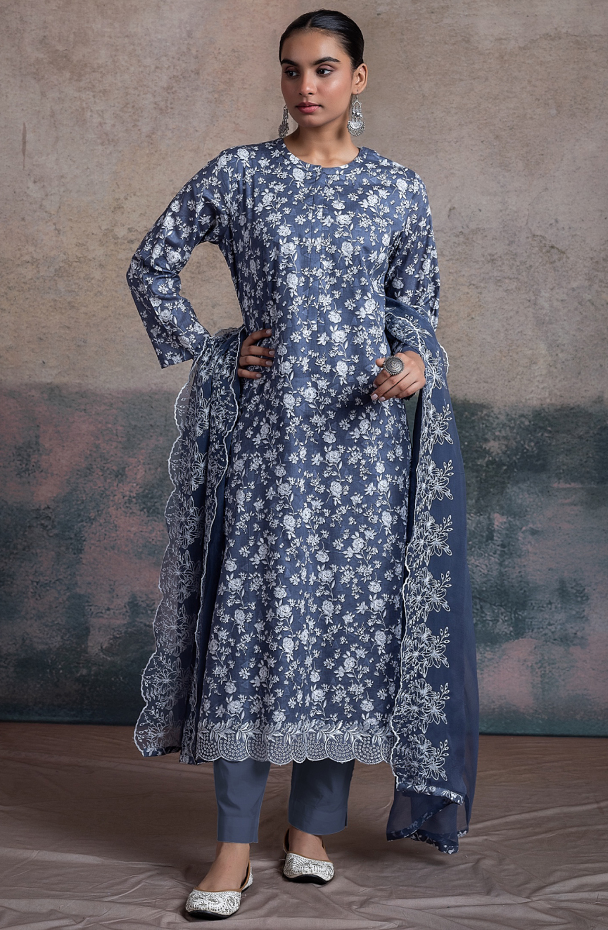 Blue Cotton Embroidered Suit with Chiffon Dupatta - MAD2501