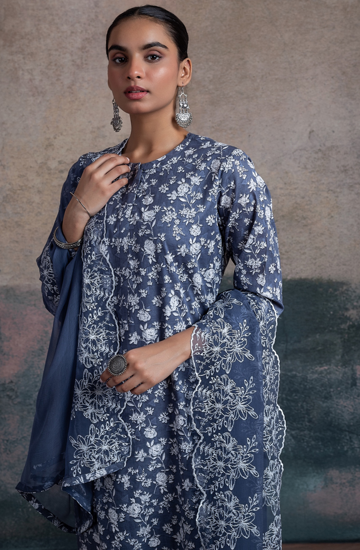 Blue Cotton Embroidered Suit with Chiffon Dupatta - MAD2501