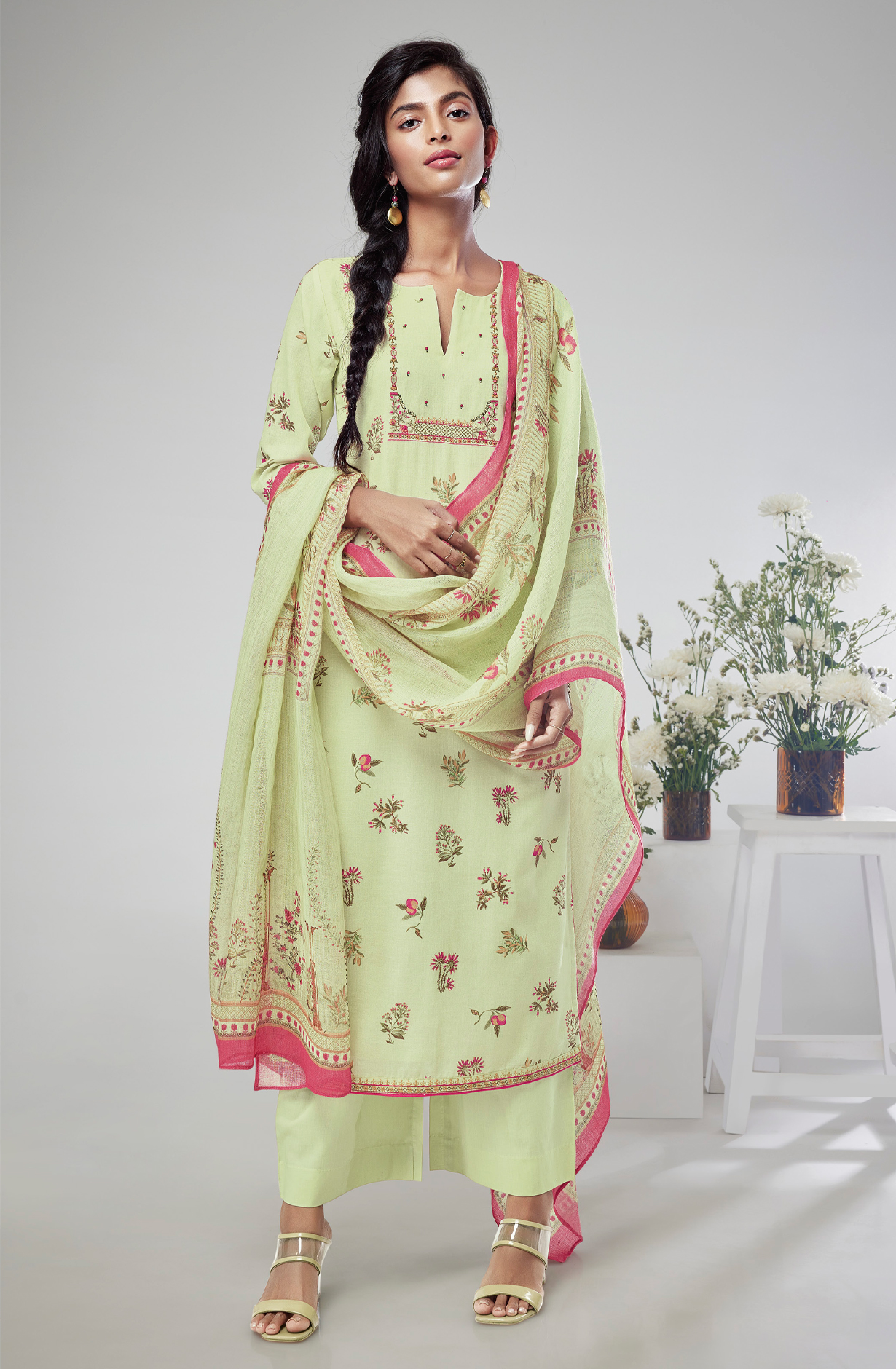 Pista Green Linen Unstitched Beautiful Salwar Suit with Dupatta - MADS1690C