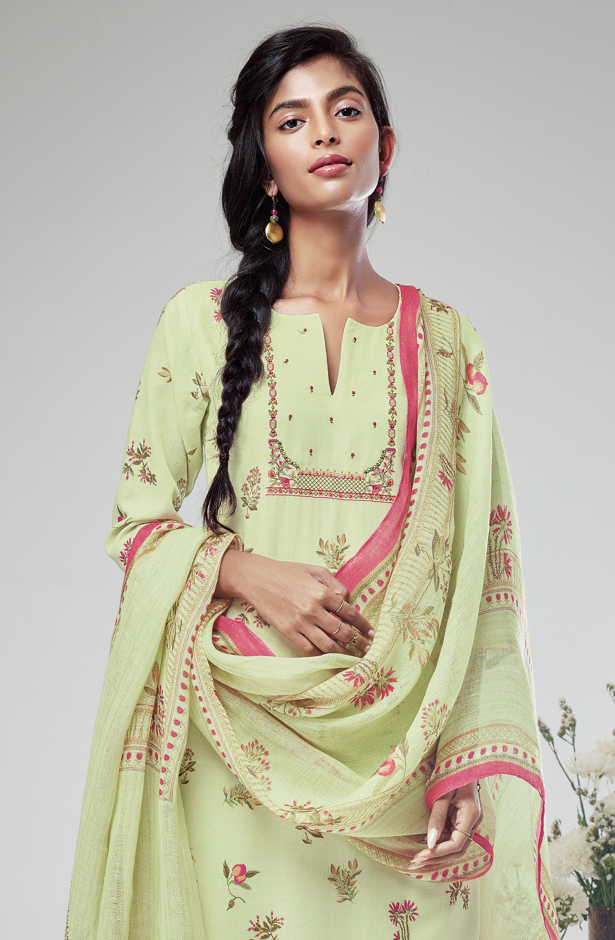 Pista Green Linen Unstitched Beautiful Salwar Suit with Dupatta - MADS1690C