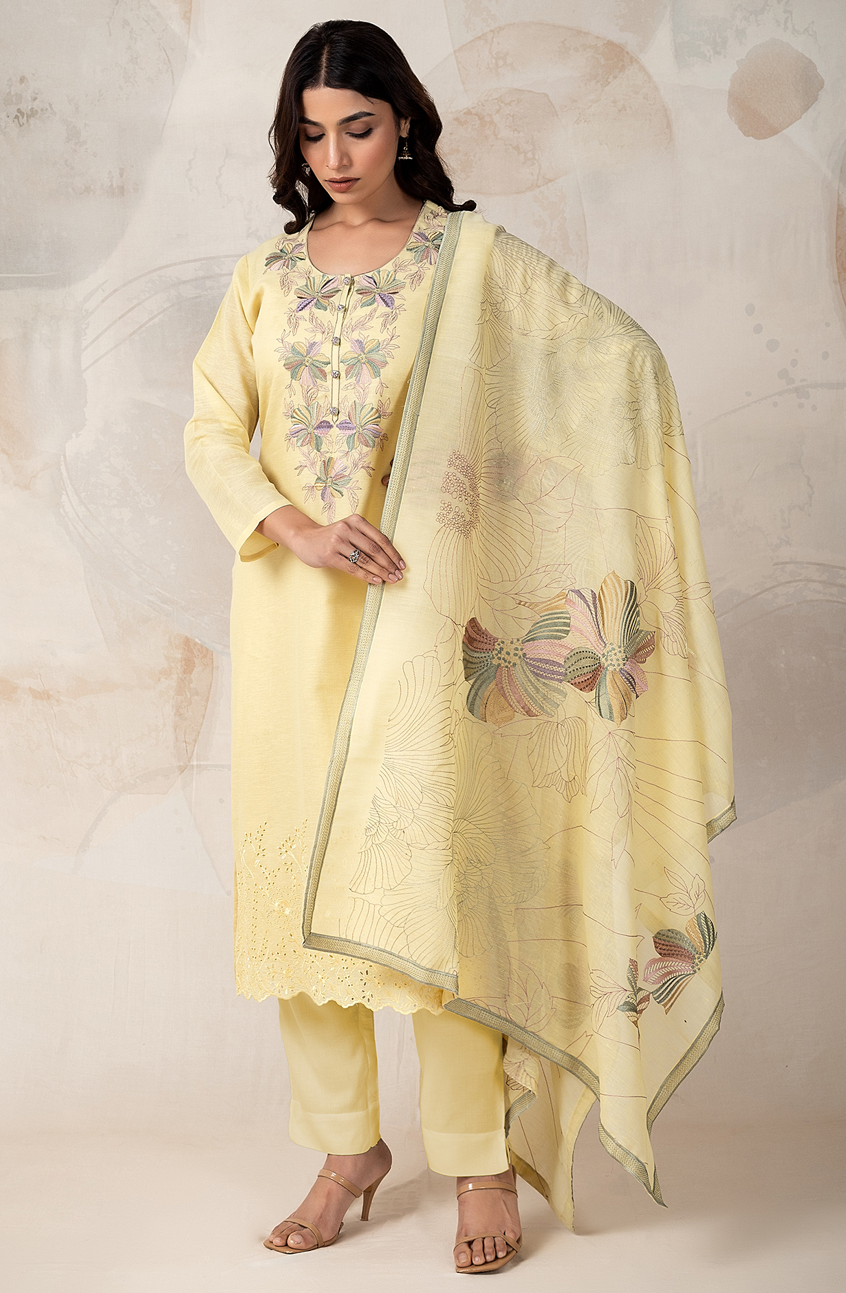Lemon Yellow Luxury Linen Embroidered Salwar Kameez with Dupatta - MAG2155A