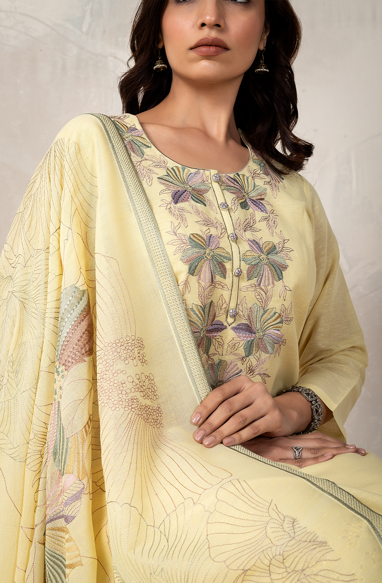 Lemon Yellow Luxury Linen Embroidered Salwar Kameez with Dupatta - MAG2155A