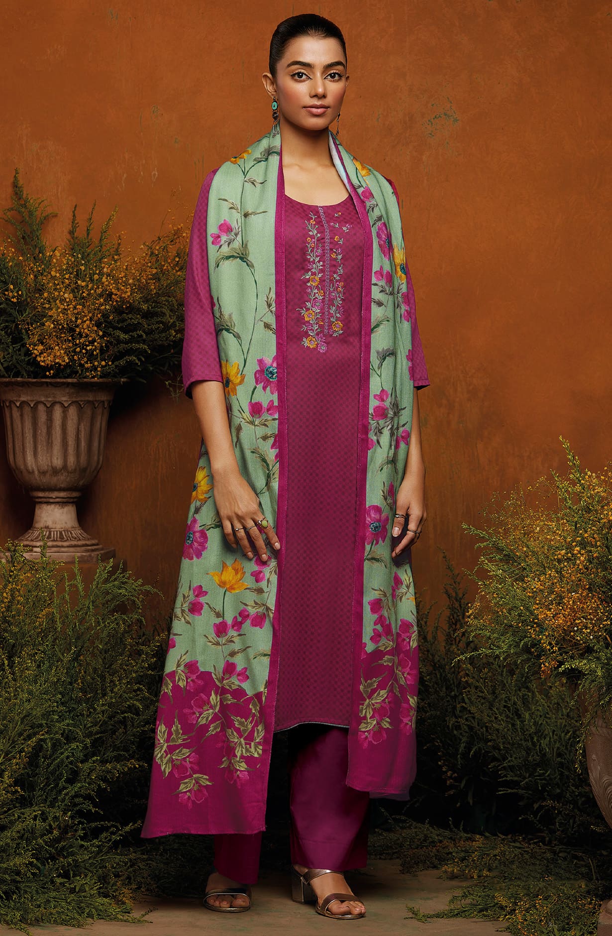 Magenta Spun Winterwear Printed Unstitched Salwar Kameez - ARSS1167B