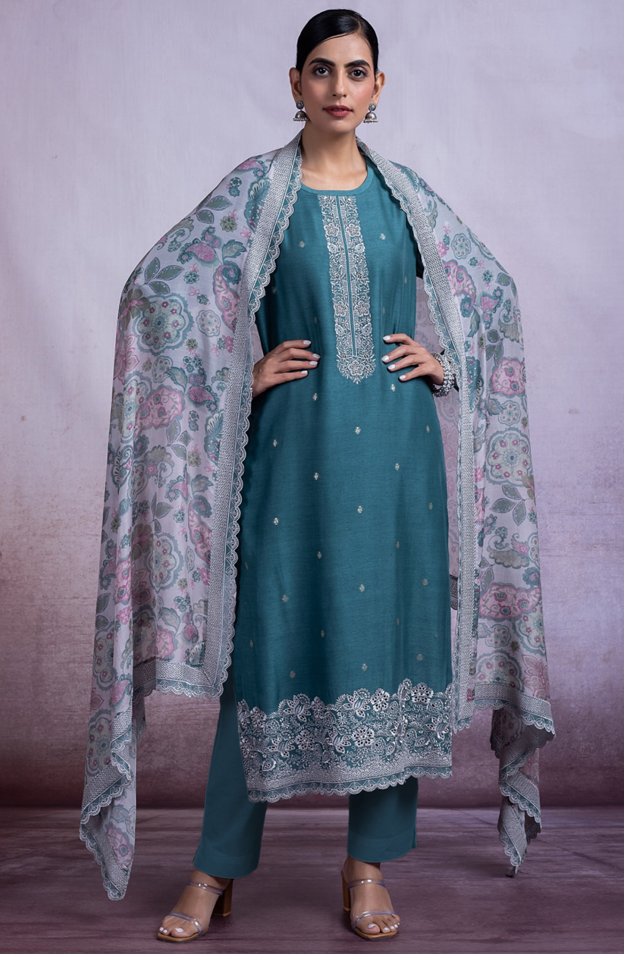 Bottle Green Linen Embroidered Handwork Suit with Dupatta - MAH2495A