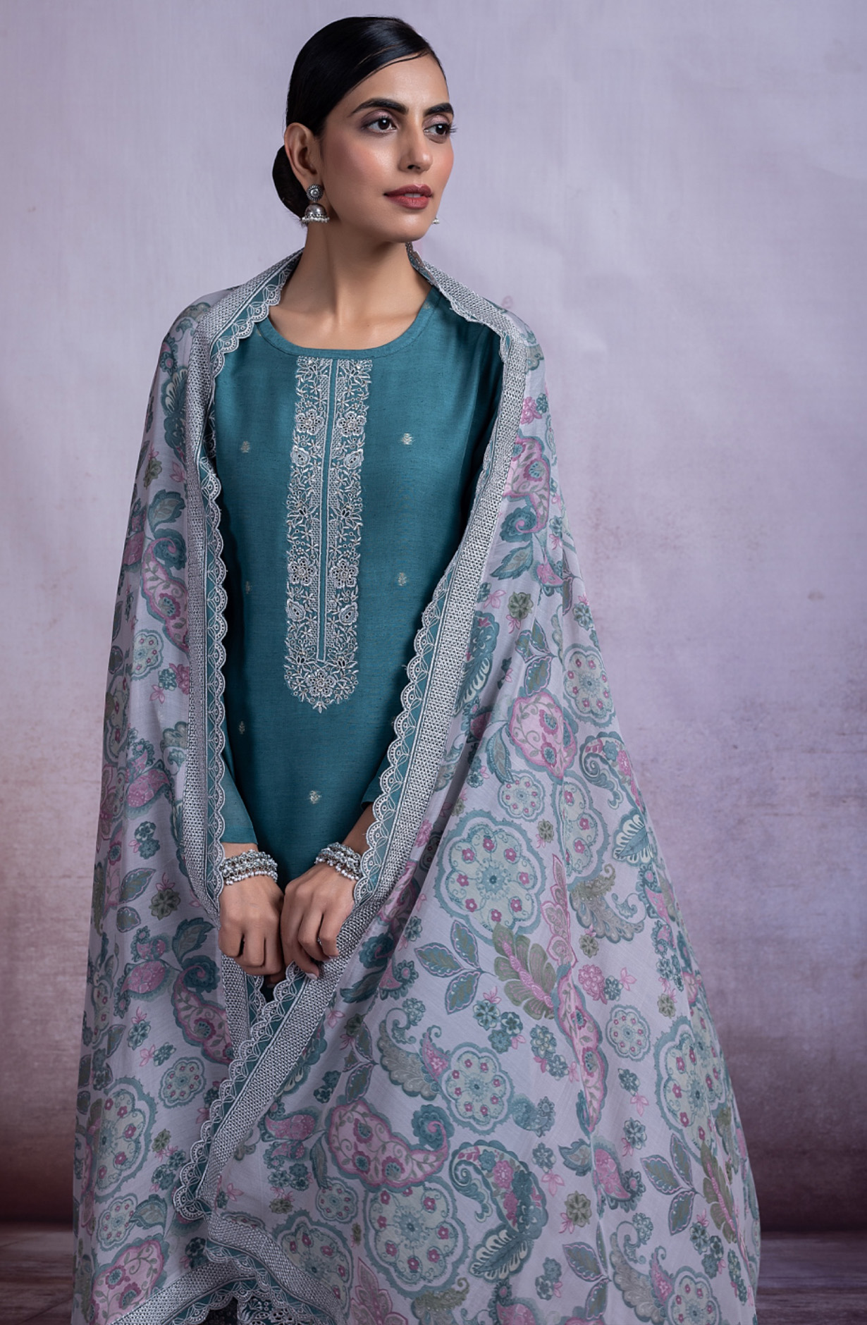 Bottle Green Linen Embroidered Handwork Suit with Dupatta - MAH2495A