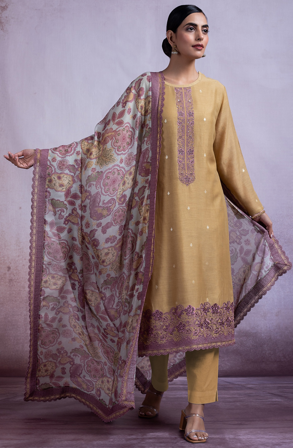 Mustard Linen Embroidered Handwork Suit with Dupatta - MAH2495B