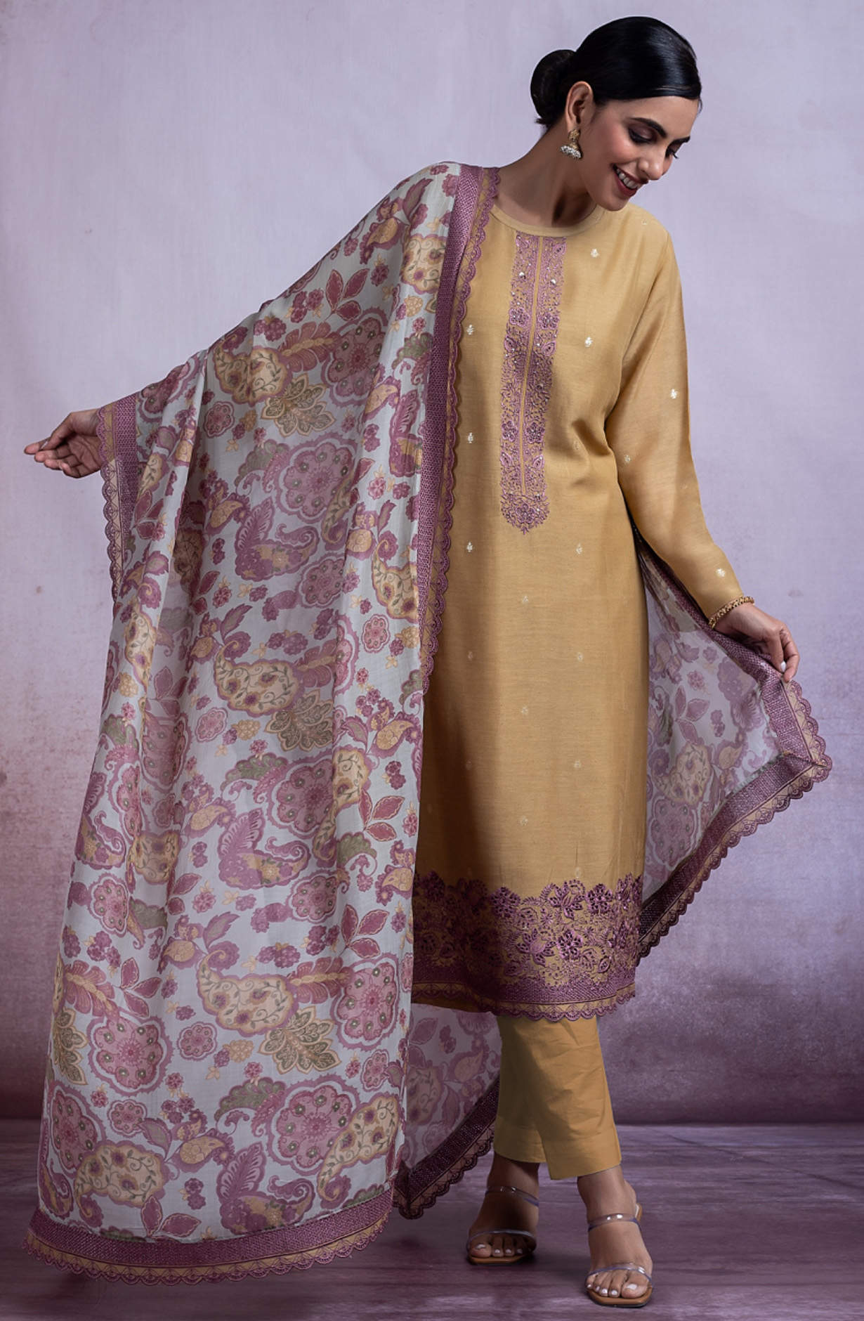 Mustard Linen Embroidered Handwork Suit with Dupatta - MAH2495B