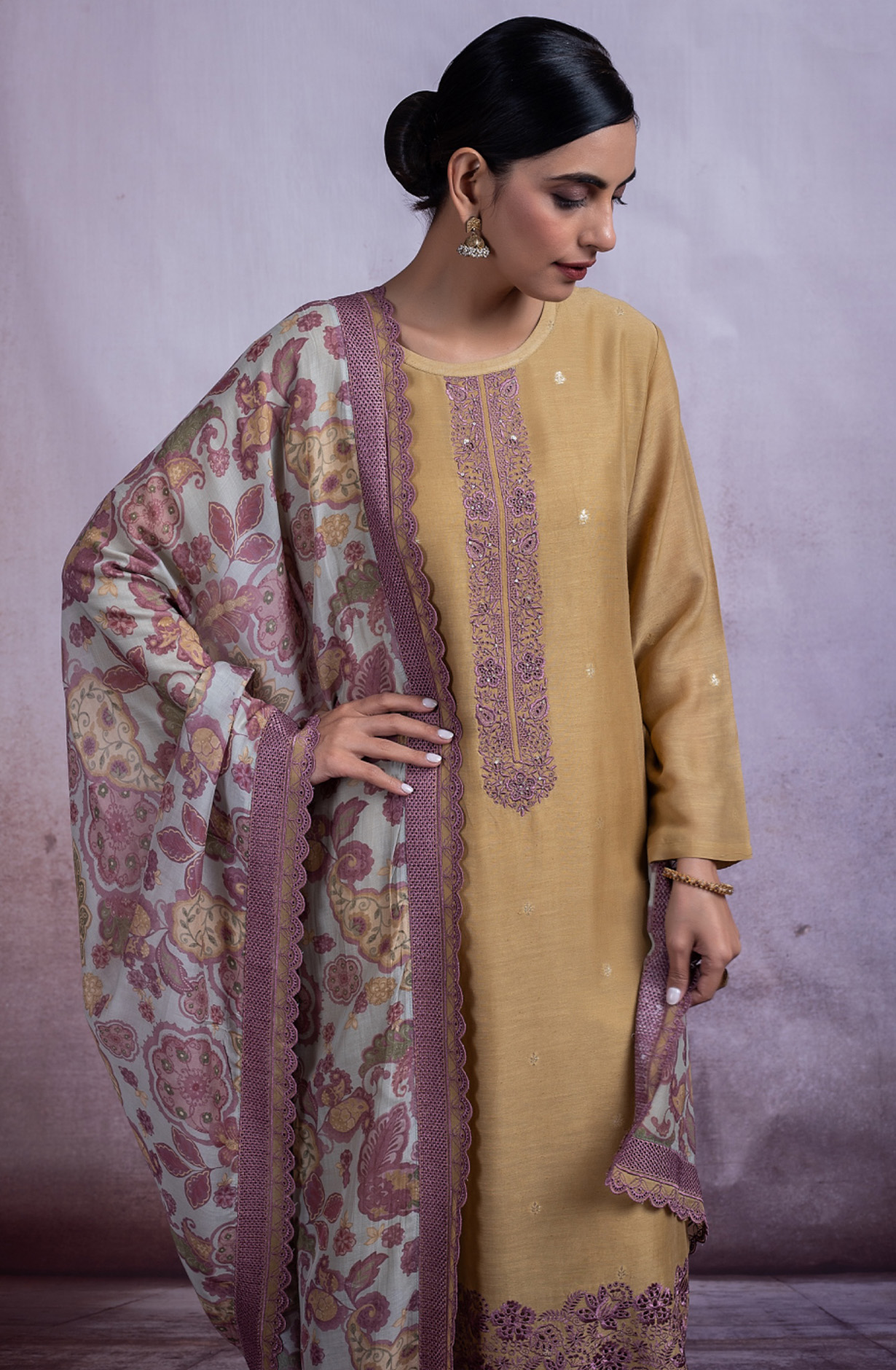 Mustard Linen Embroidered Handwork Suit with Dupatta - MAH2495B