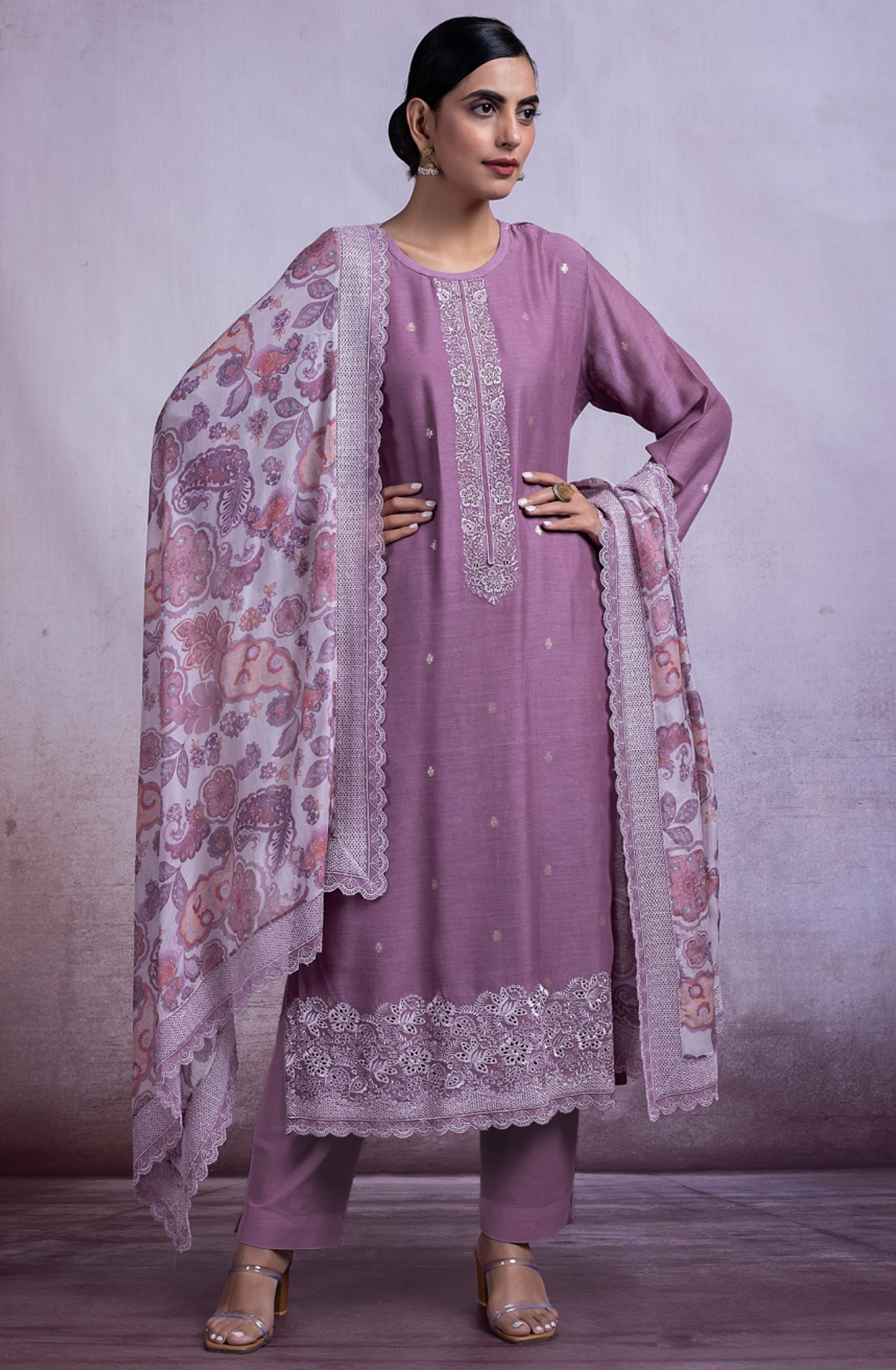 Purple Linen Embroidered Handwork Suit with Dupatta - MAH2495C