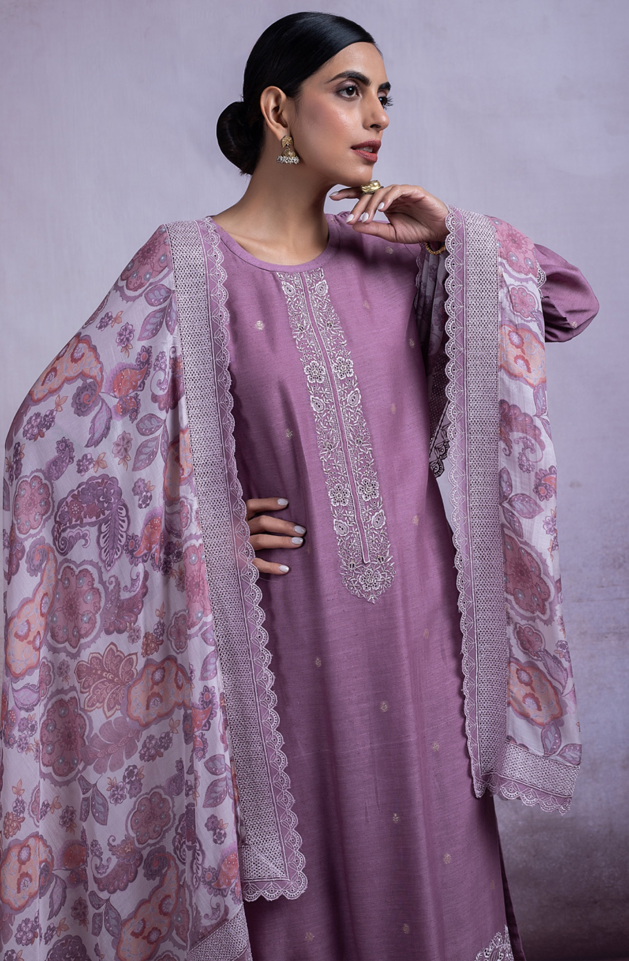 Purple Linen Embroidered Handwork Suit with Dupatta - MAH2495C