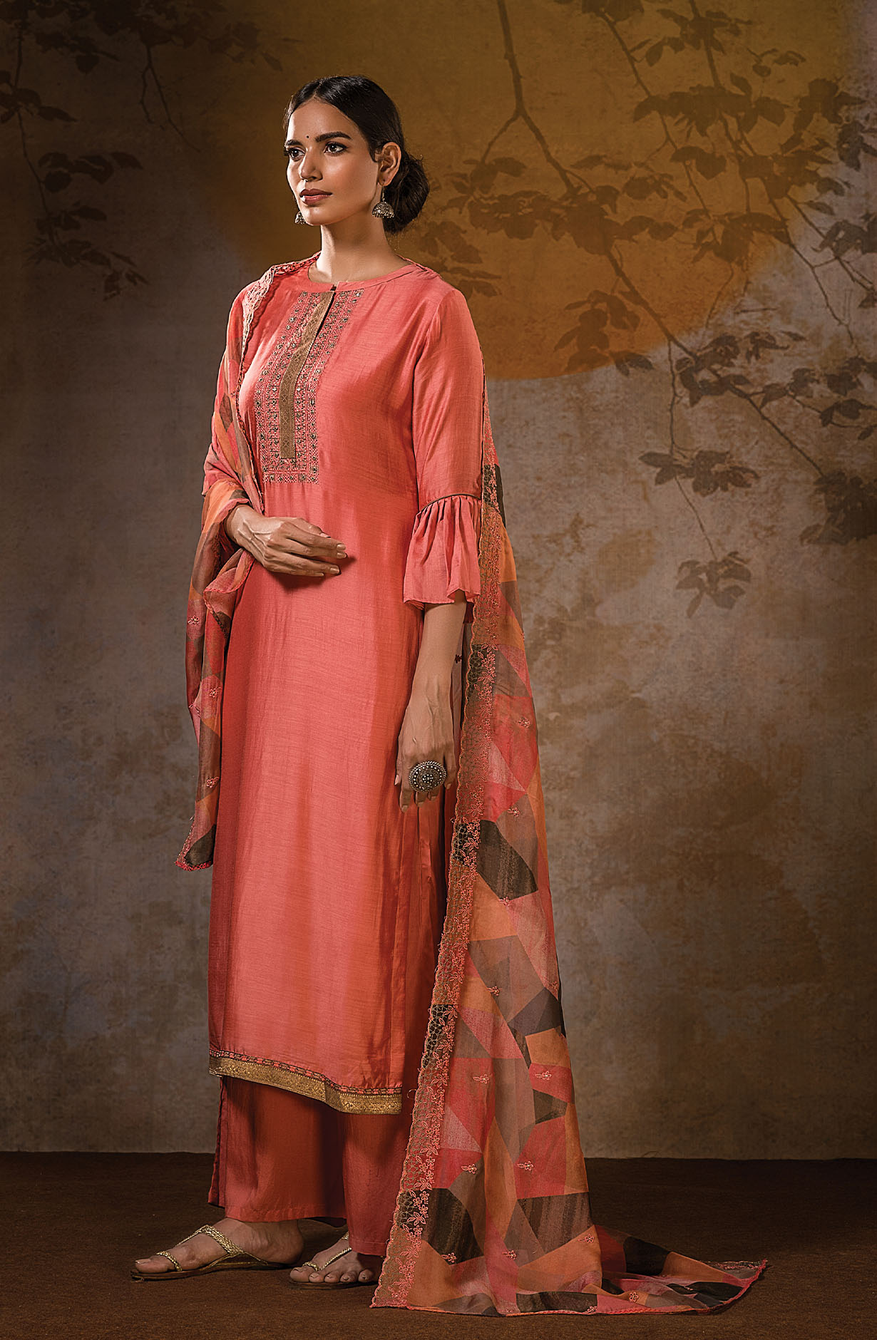 Peach Beautiful Muslin Unstitched Salwar Kameez with Organza Dupatta - MAN1174