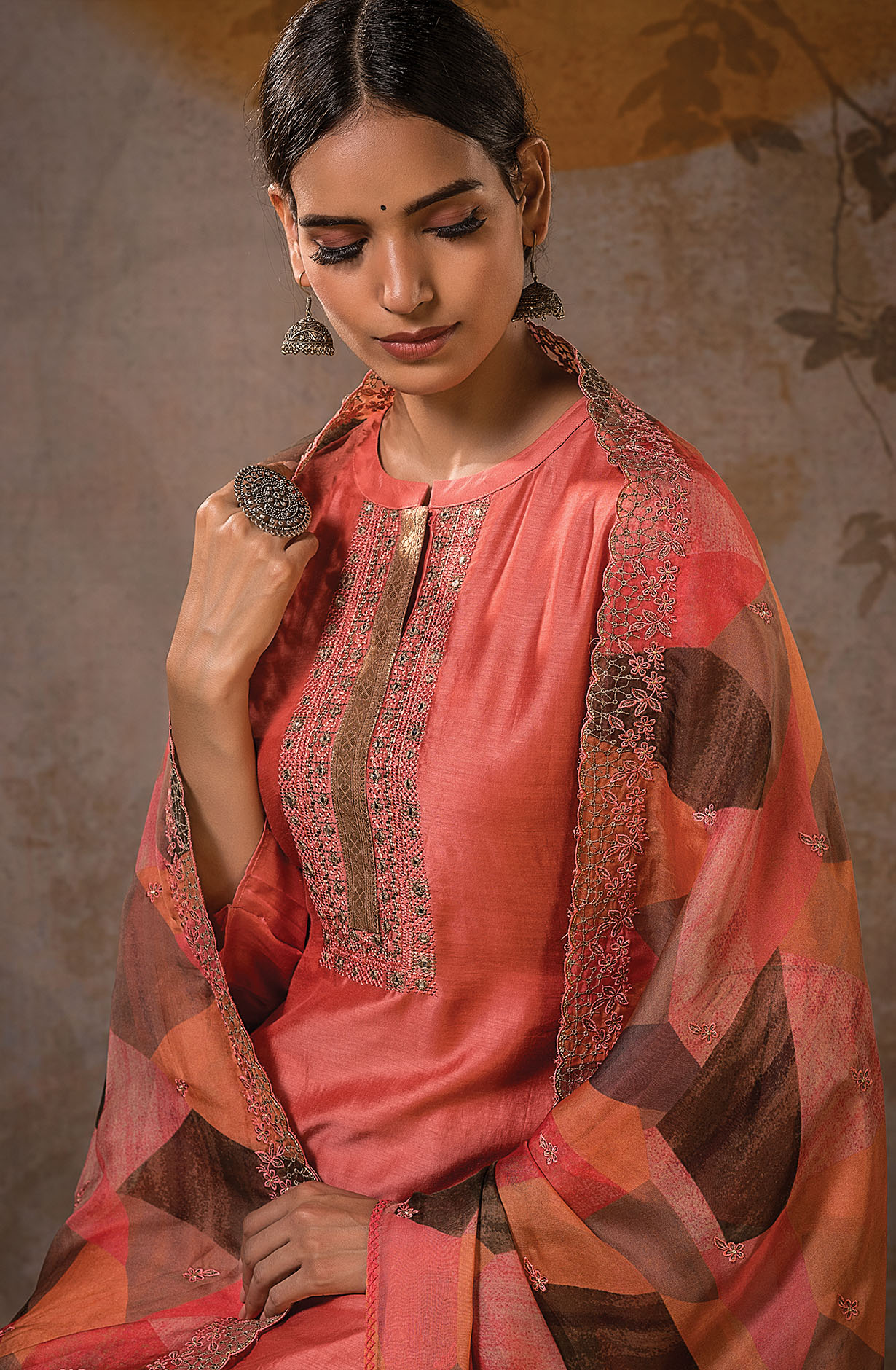 Peach Beautiful Muslin Unstitched Salwar Kameez with Organza Dupatta - MAN1174