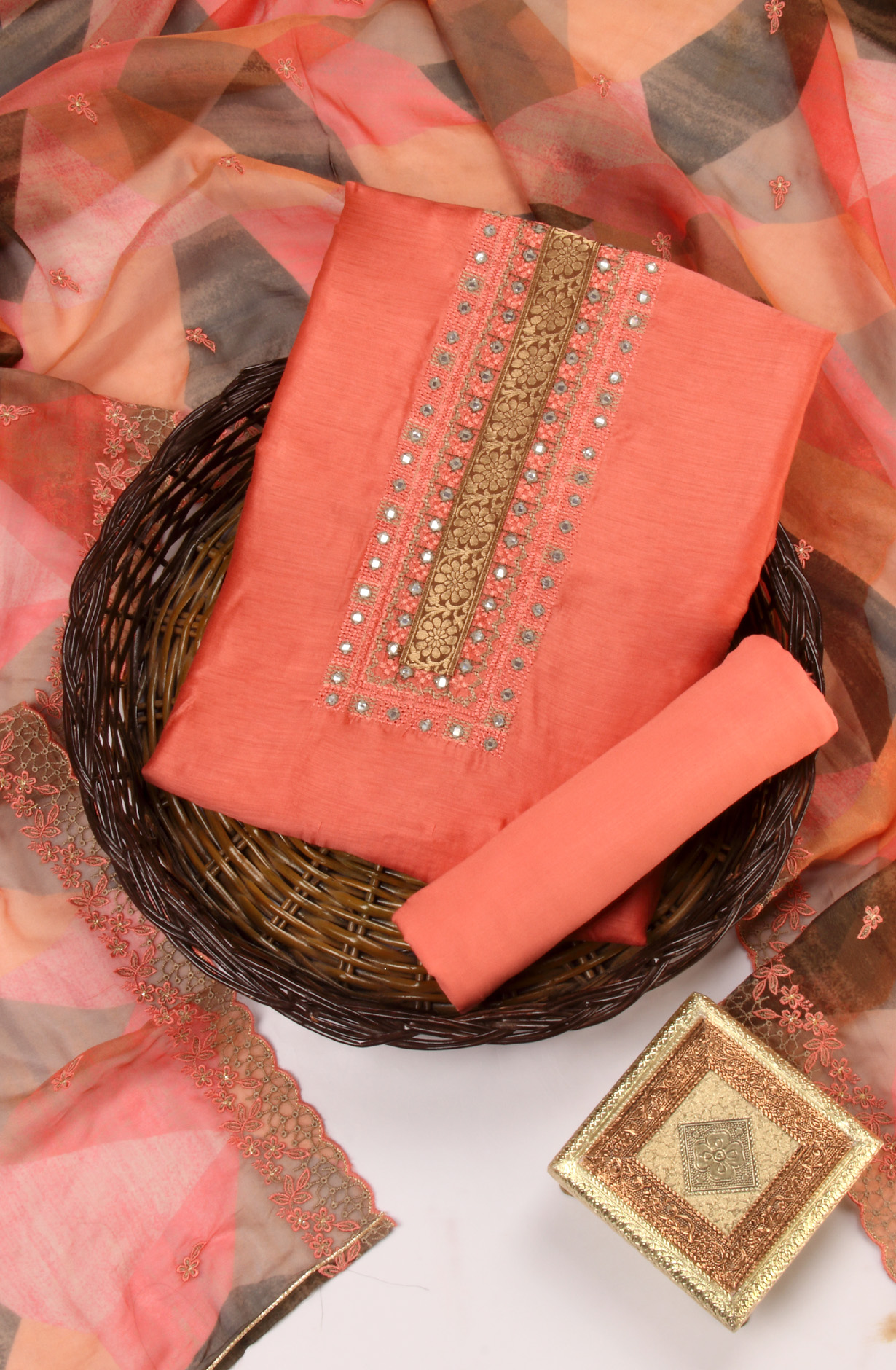 Peach Beautiful Muslin Unstitched Salwar Kameez with Organza Dupatta - MAN1174