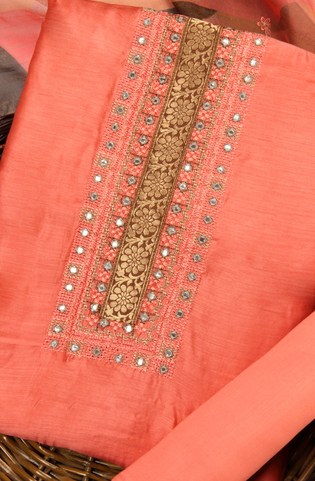 Peach Beautiful Muslin Unstitched Salwar Kameez with Organza Dupatta - MAN1174