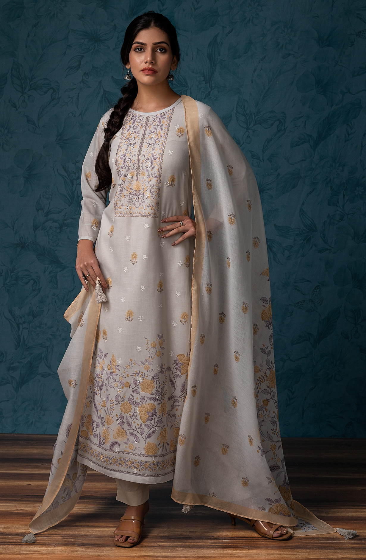 Beige Mulmul Cotton Digital Print with Embroidery Salwar Suit - MAN1792A