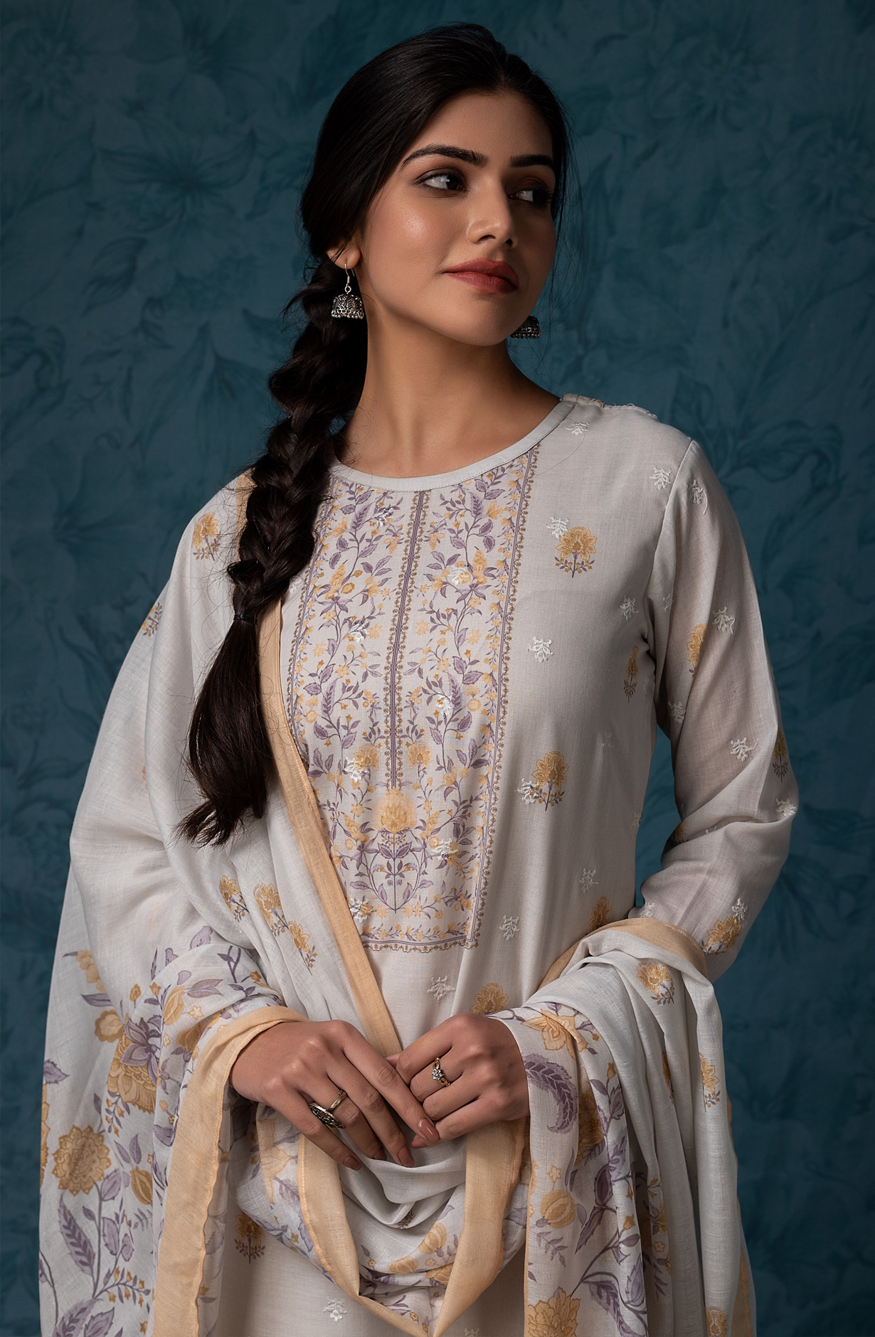 Beige Mulmul Cotton Digital Print with Embroidery Salwar Suit - MAN1792A