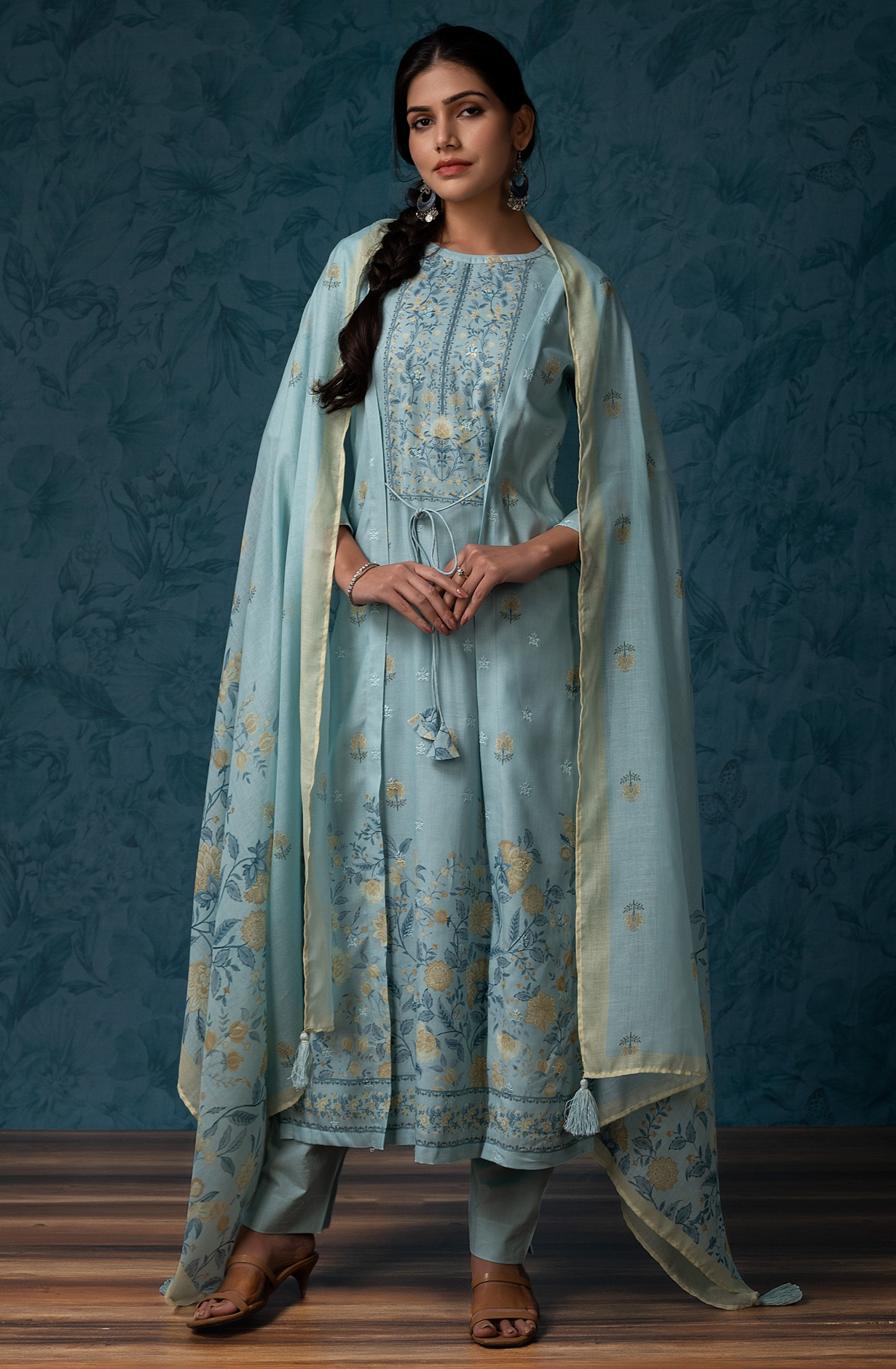 Sea Green Mulmul Cotton Digital Print with Embroidery Salwar Suit - MAN1792B