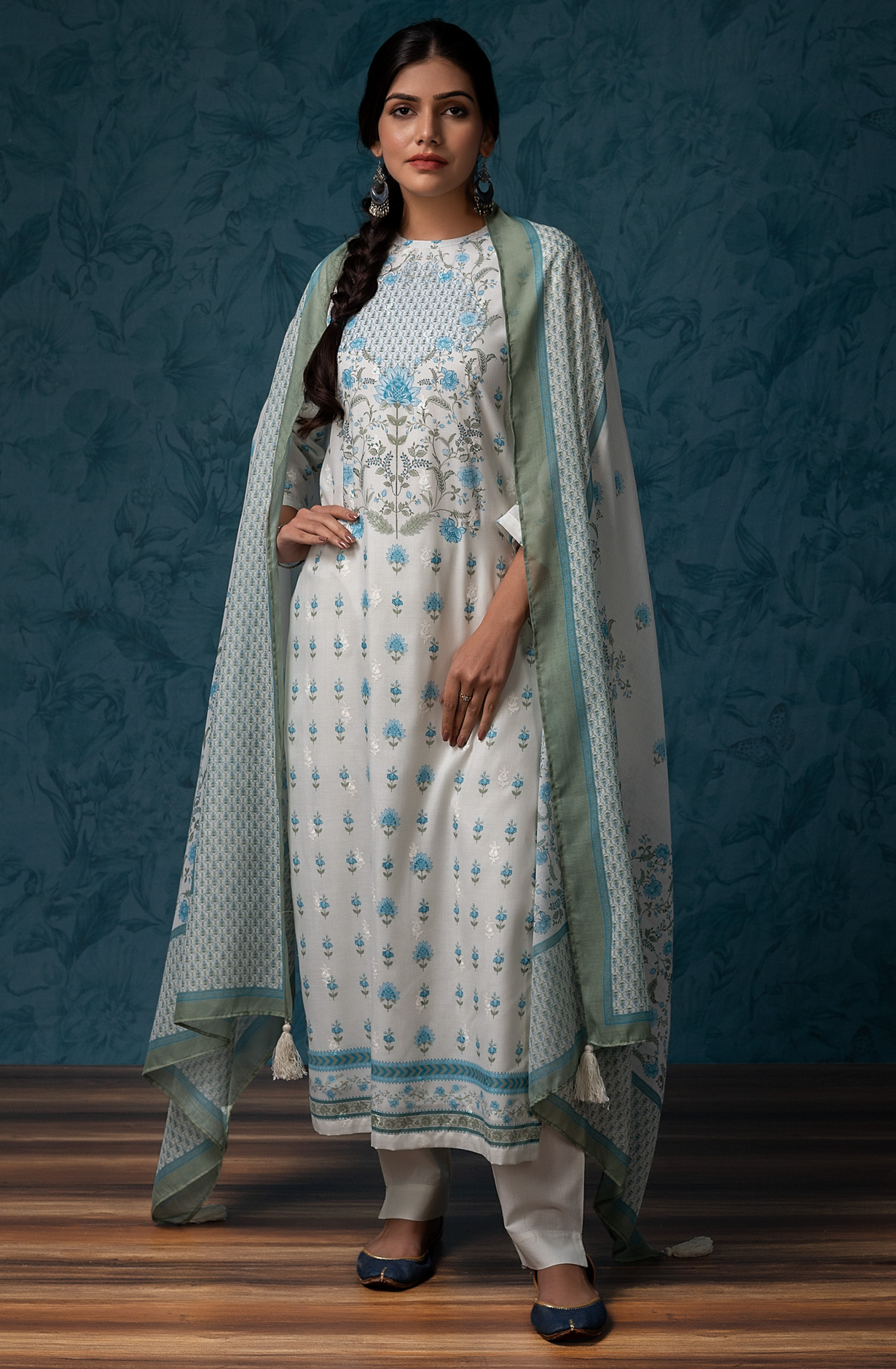 Cream Mulmul Cotton Digital Print with Embroidery Salwar Kameez - MAN1793A