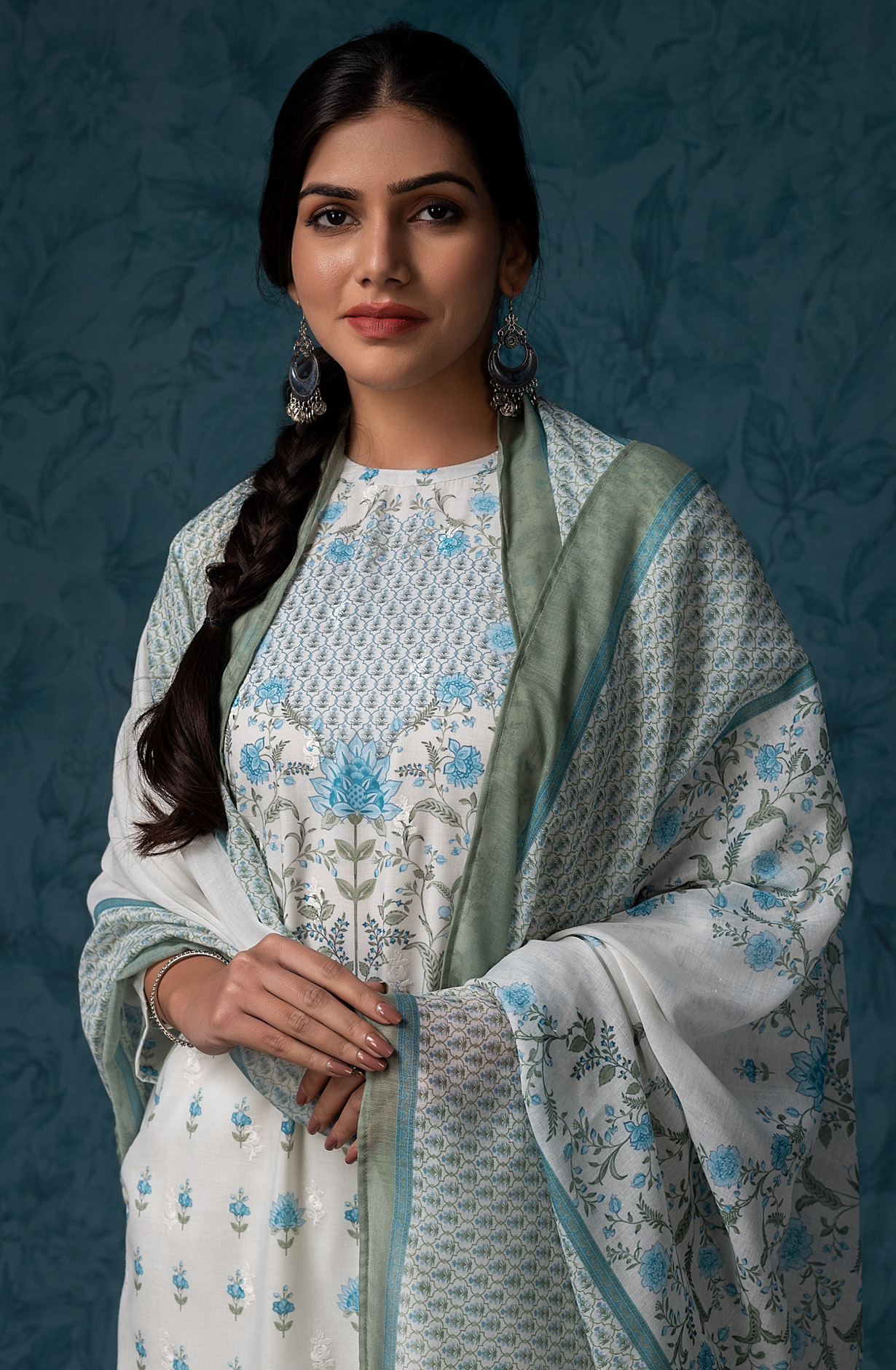 Cream Mulmul Cotton Digital Print with Embroidery Salwar Kameez - MAN1793A