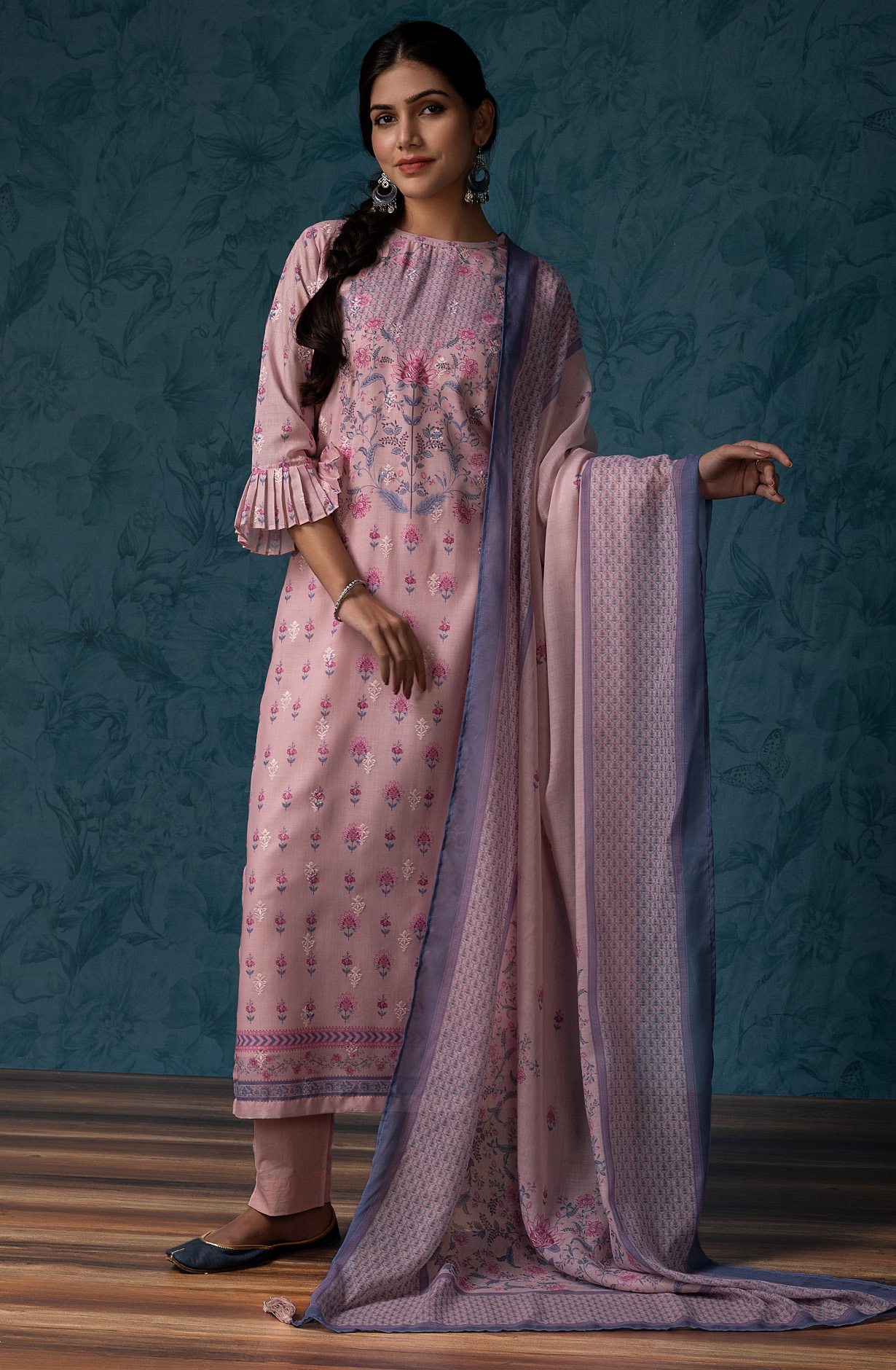Pink Mulmul Cotton Digital Print with Embroidery Salwar Kameez - MAN1793B