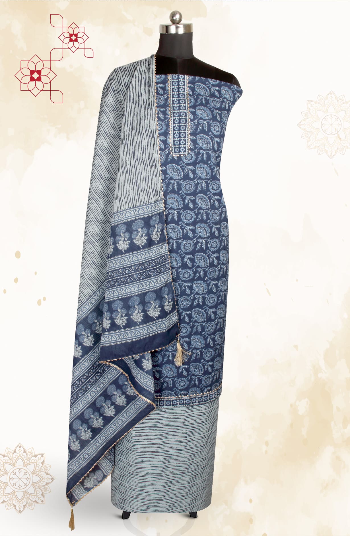 Blue Cotton Printed Salwar Kameez - MANCHALI-34A