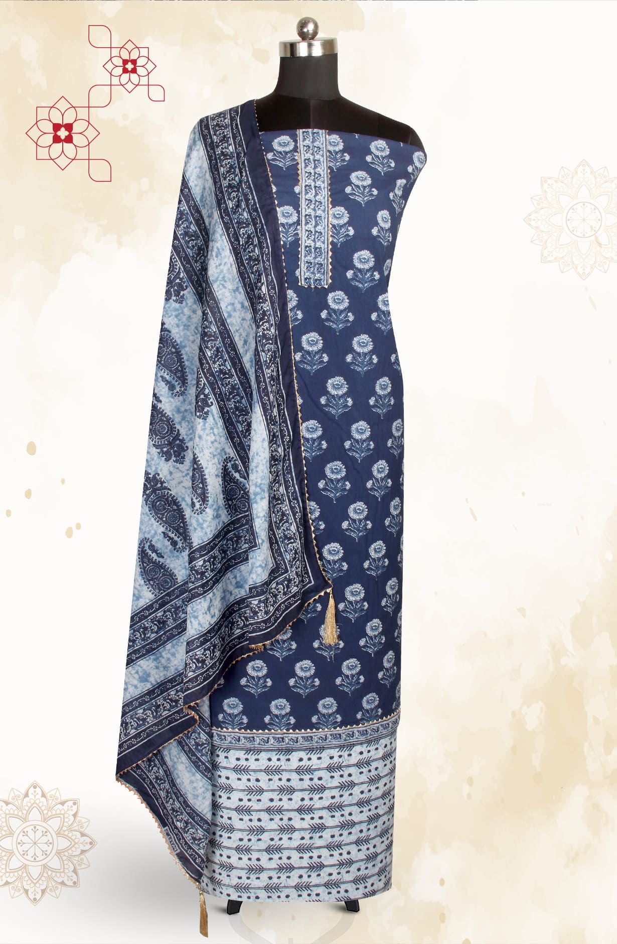 Blue Cotton Printed Salwar Kameez - MANCHALI-59B