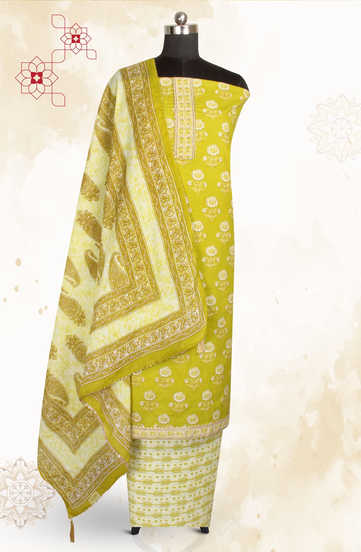Parrot Green Cotton Printed Salwar Kameez - MANCHALI-59C