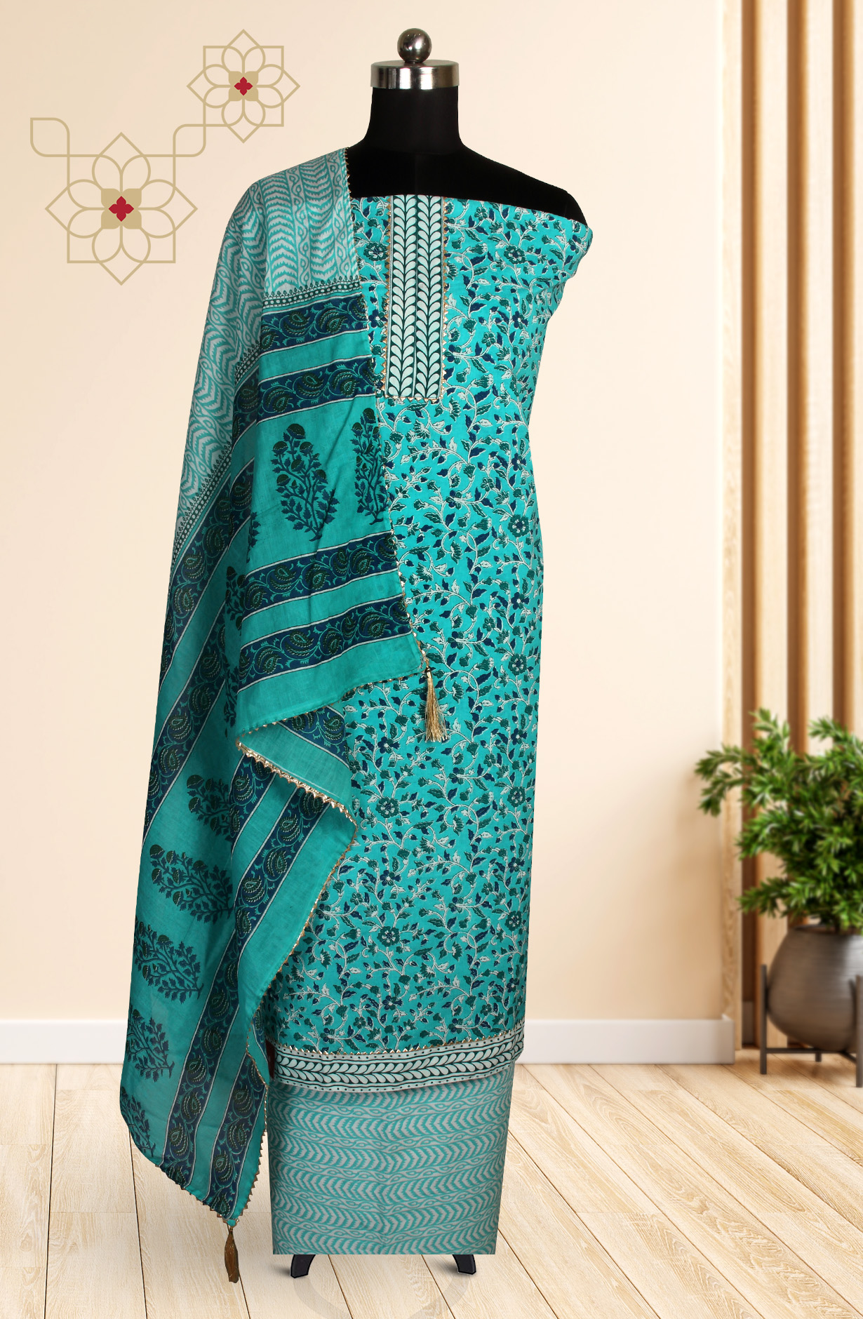 Firozi Cotton Printed Unstitched Salwar Dress Material - MANCHALI-60B