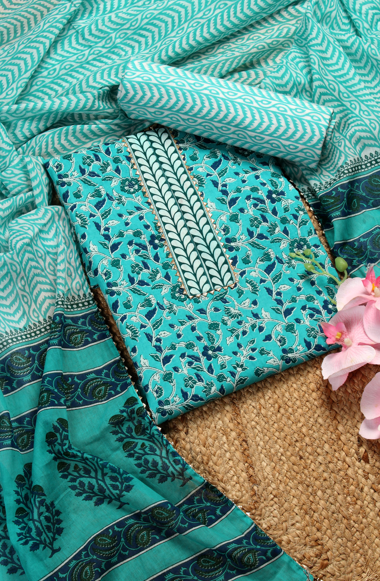 Firozi Cotton Printed Unstitched Salwar Dress Material - MANCHALI-60B