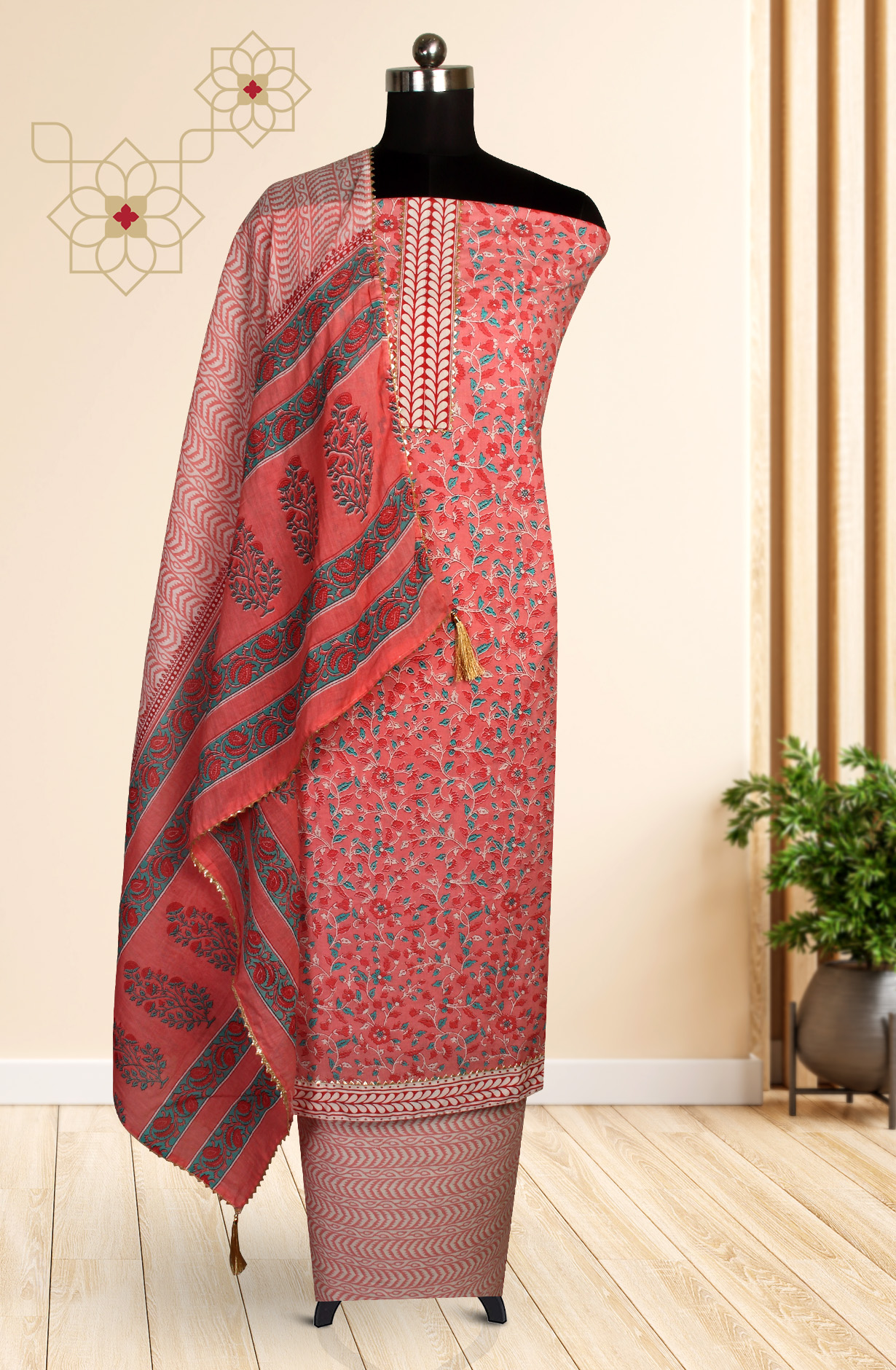 Peach Cotton Printed Unstitched Salwar Dress Material - MANCHALI-60C