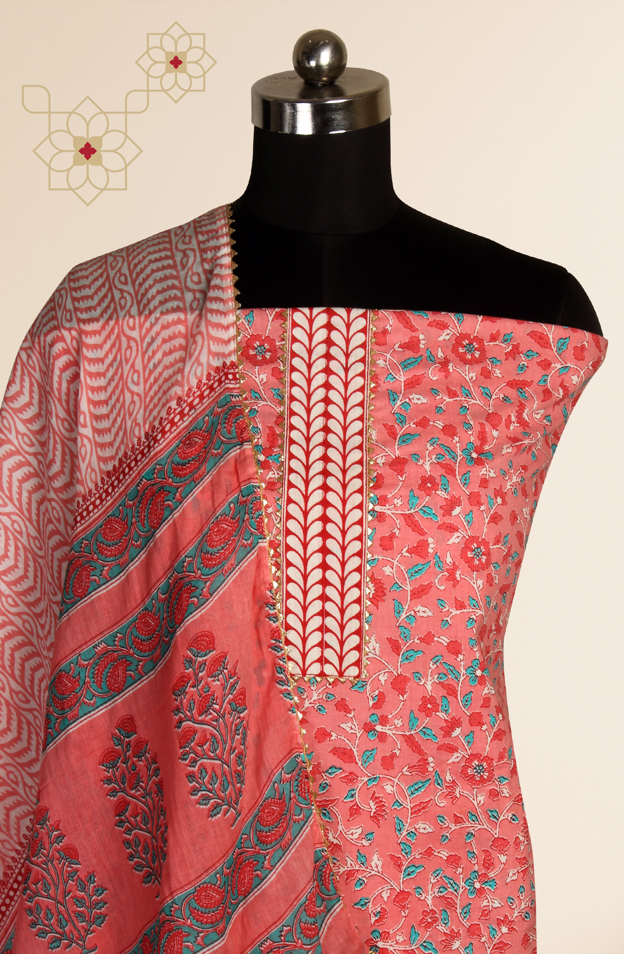 Peach Cotton Printed Unstitched Salwar Dress Material - MANCHALI-60C