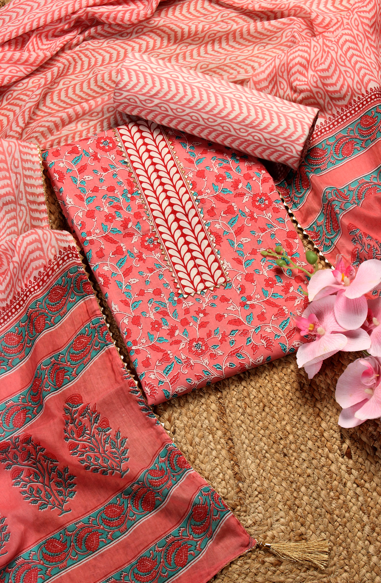 Peach Cotton Printed Unstitched Salwar Dress Material - MANCHALI-60C