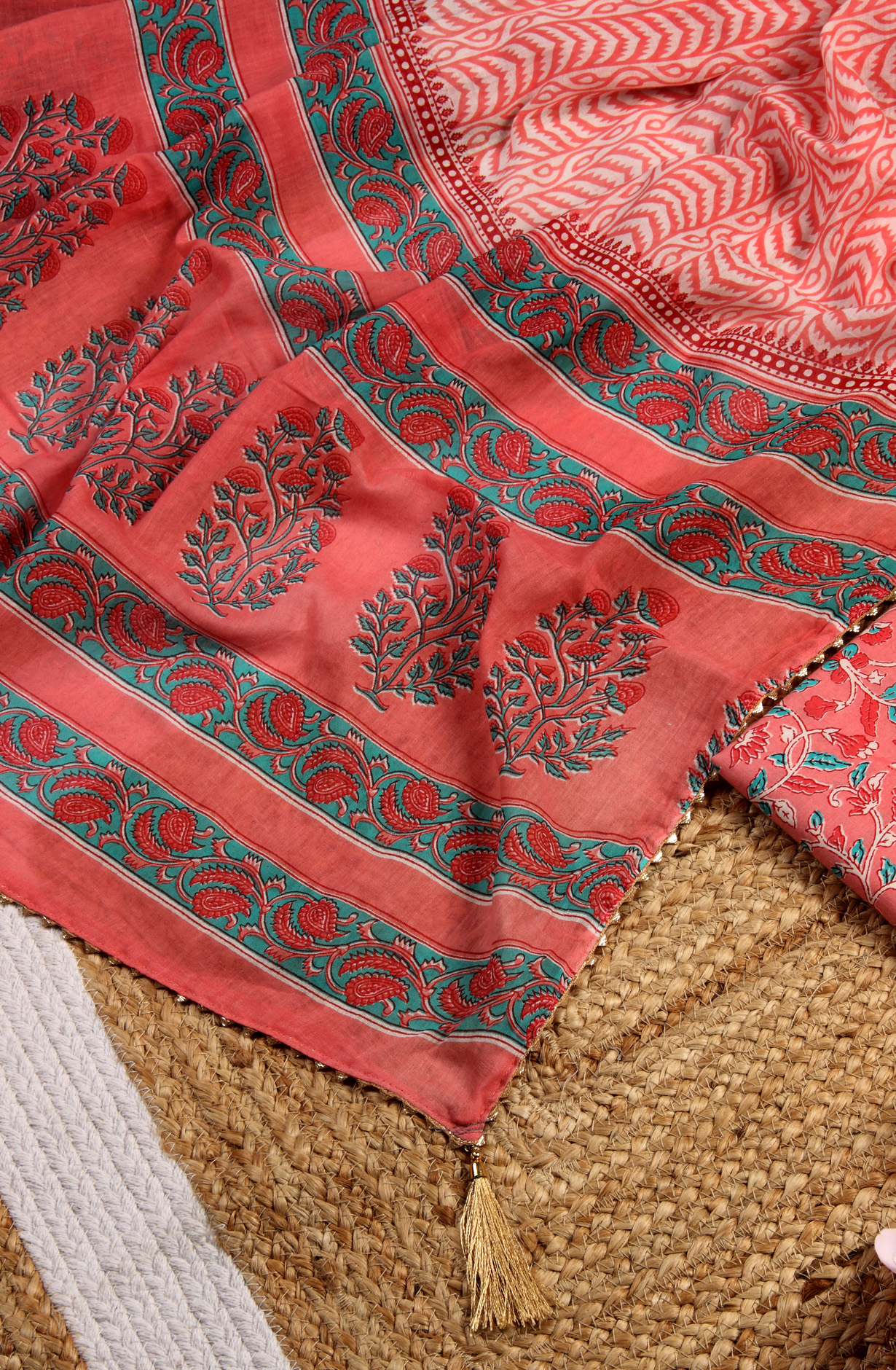 Peach Cotton Printed Unstitched Salwar Dress Material - MANCHALI-60C