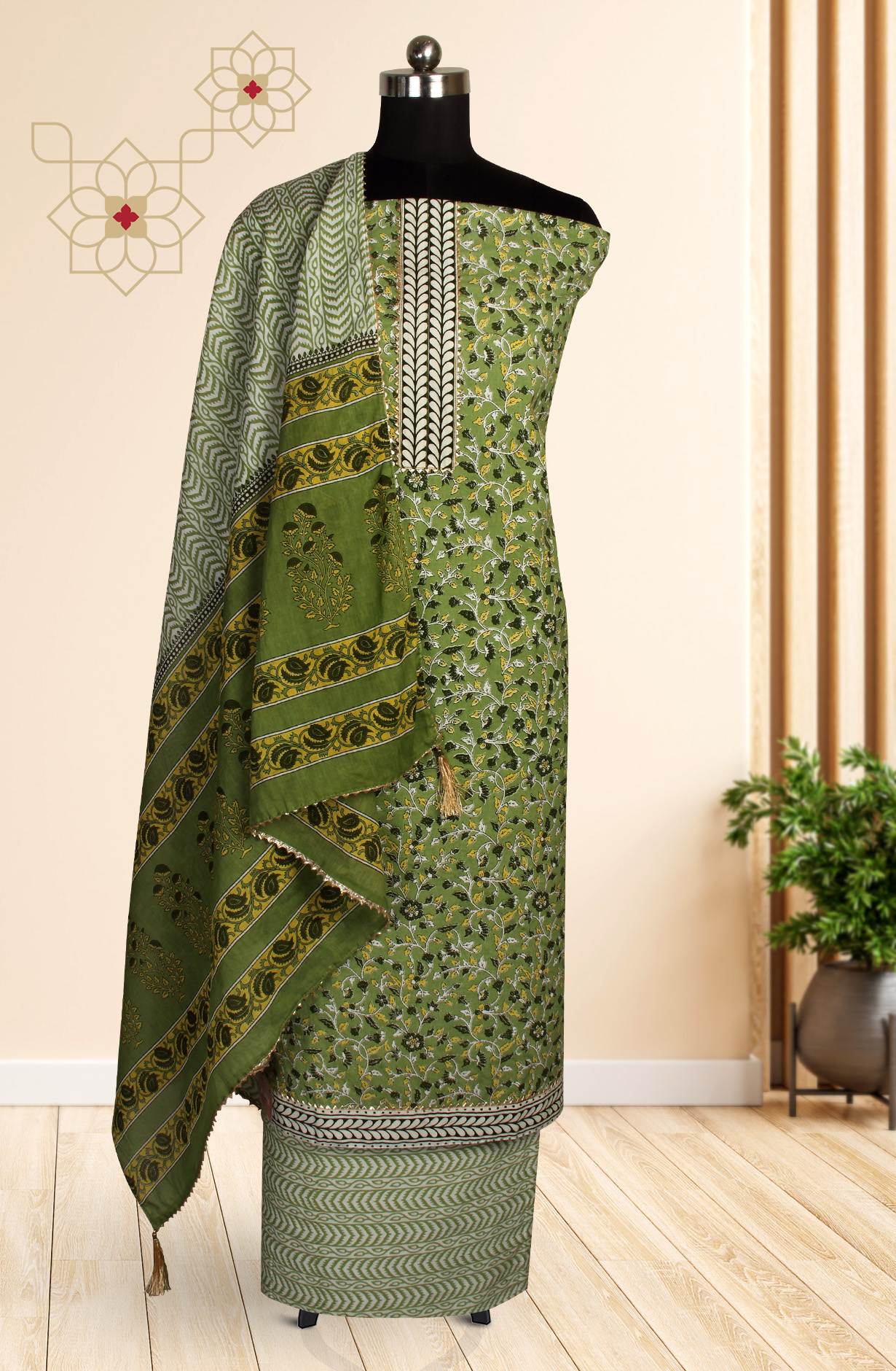 Mehndi Cotton Printed Unstitched Salwar Dress Material - MANCHALI-60D