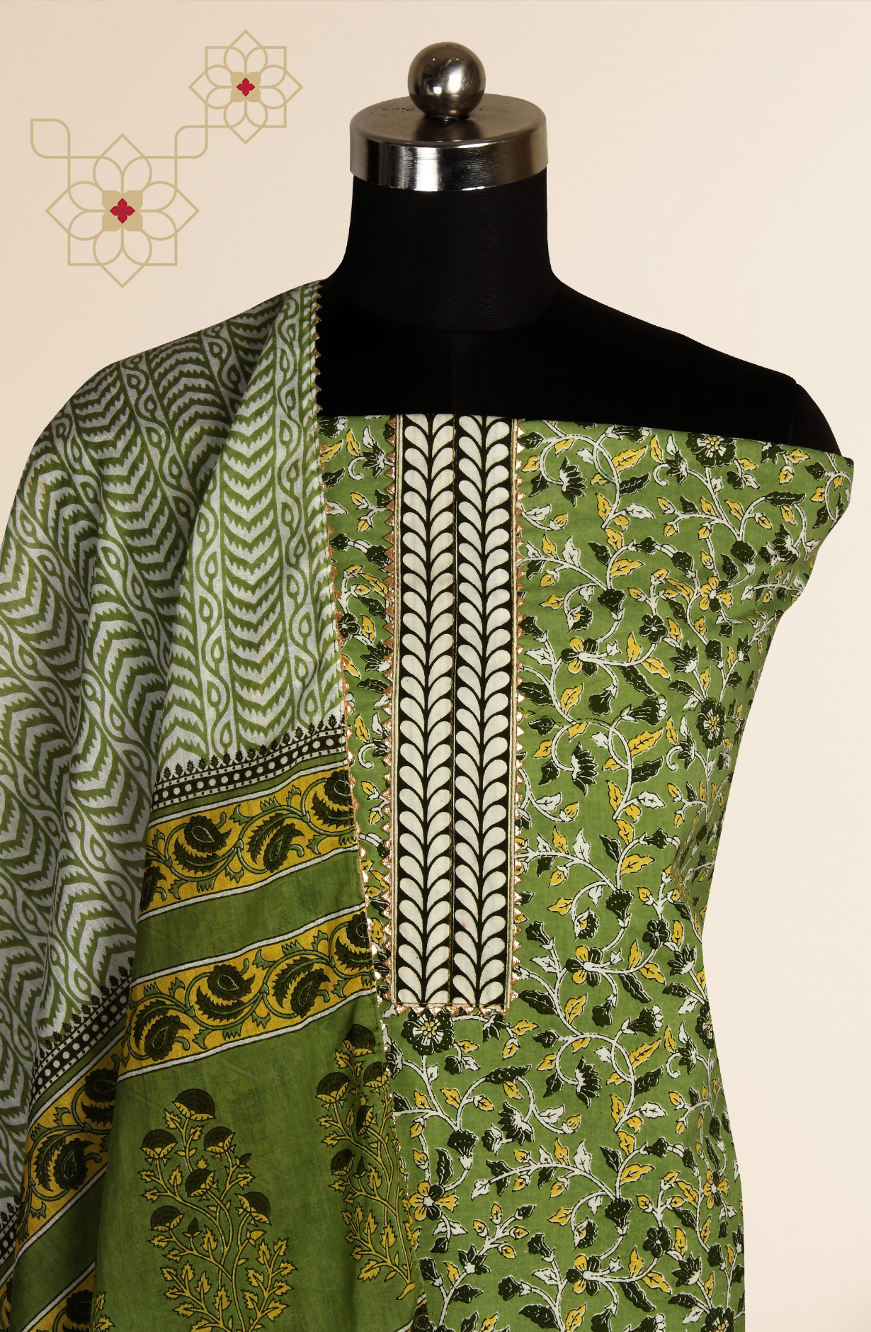 Mehndi Cotton Printed Unstitched Salwar Dress Material - MANCHALI-60D