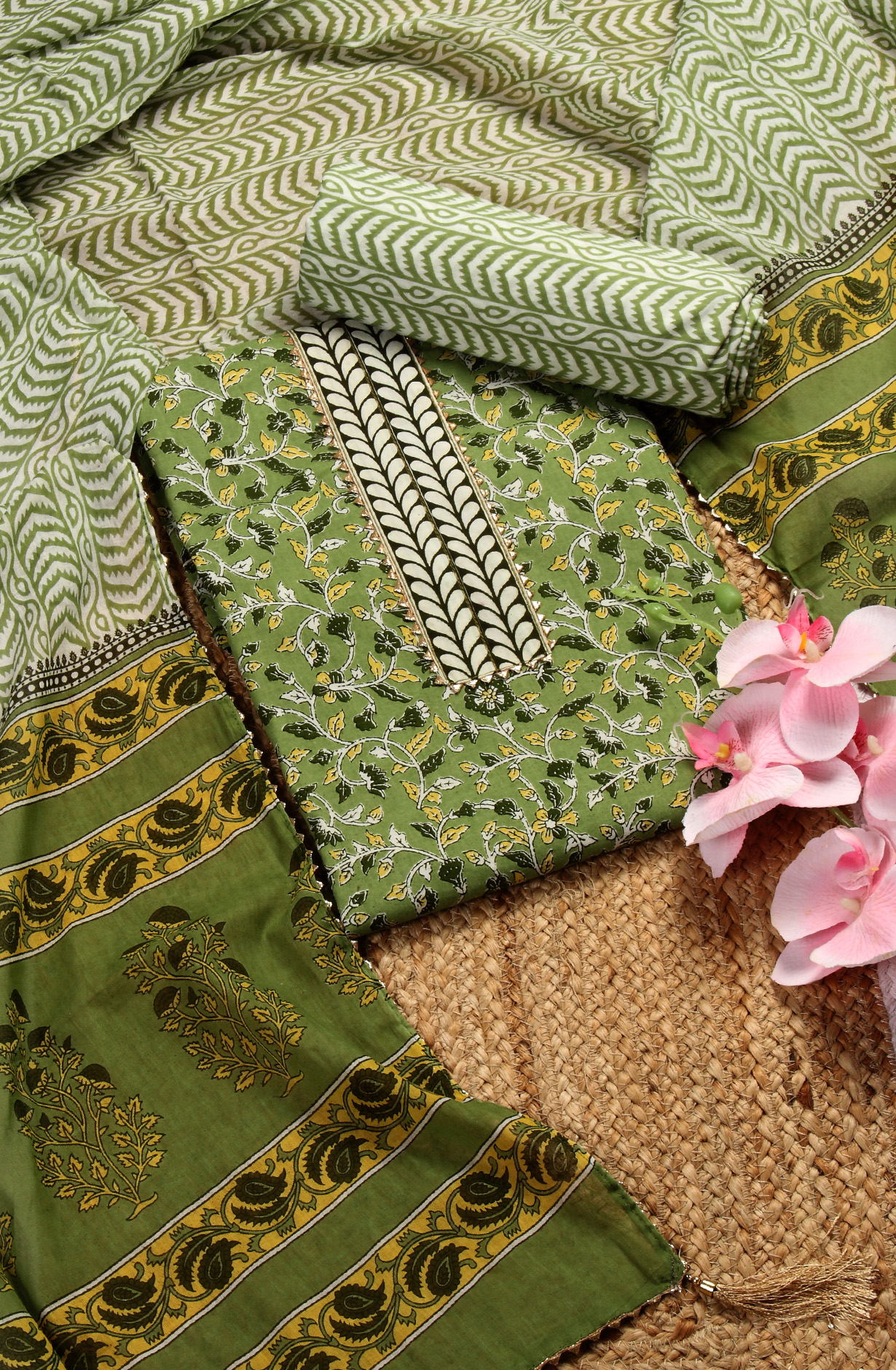 Mehndi Cotton Printed Unstitched Salwar Dress Material - MANCHALI-60D