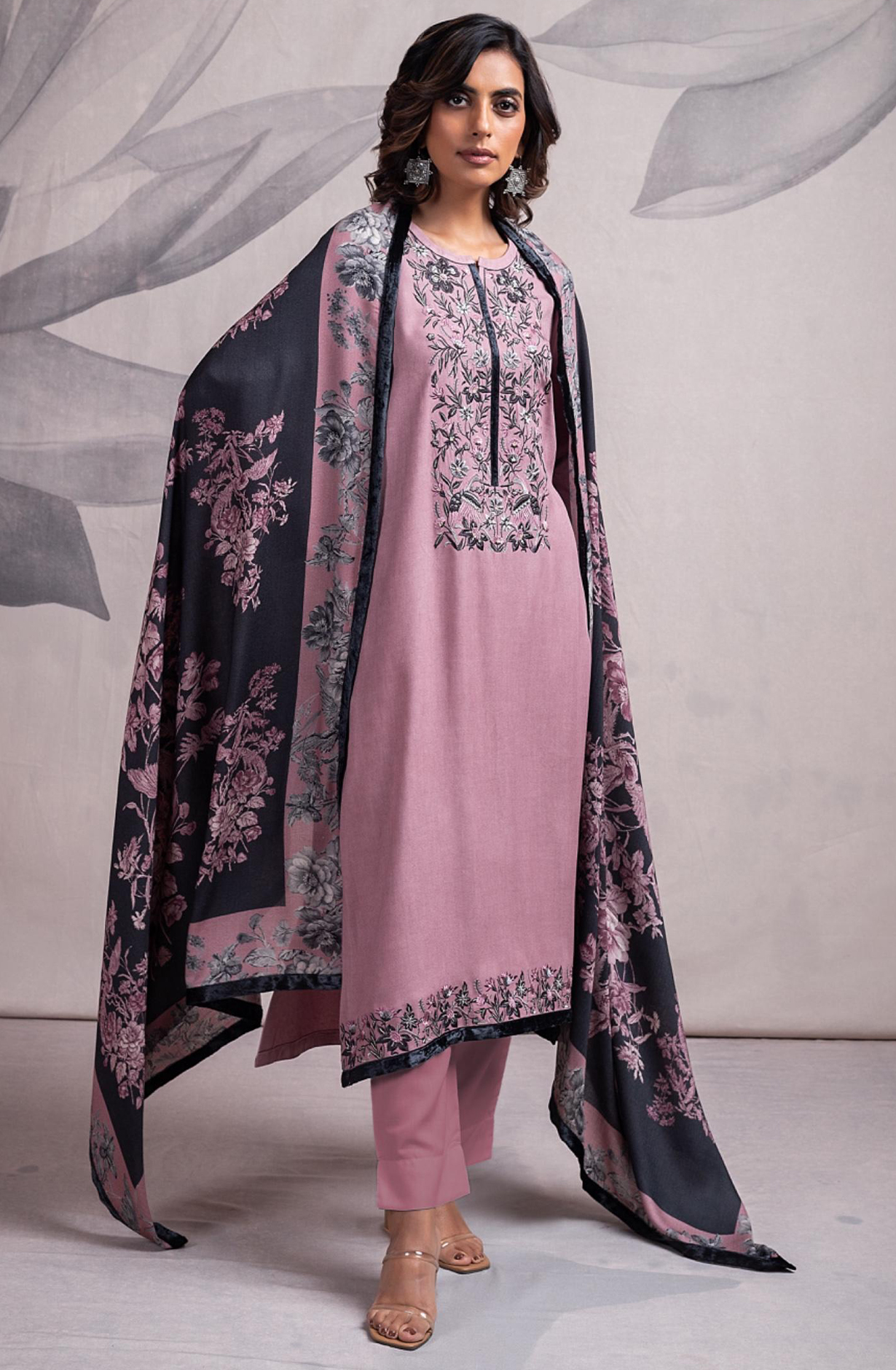 Mauve Pashmina Salwaar Kameez with Beautiful Digital Printed  Pashmina Shawl- MAR2337A