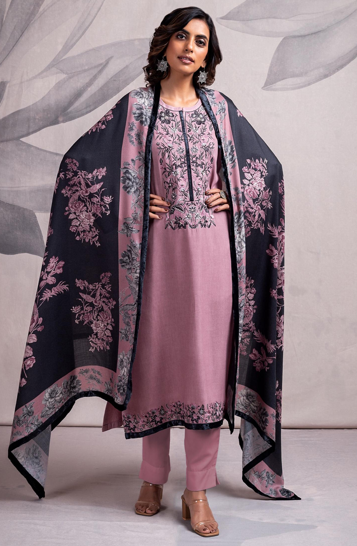 Mauve Pashmina Salwaar Kameez with Beautiful Digital Printed  Pashmina Shawl- MAR2337A